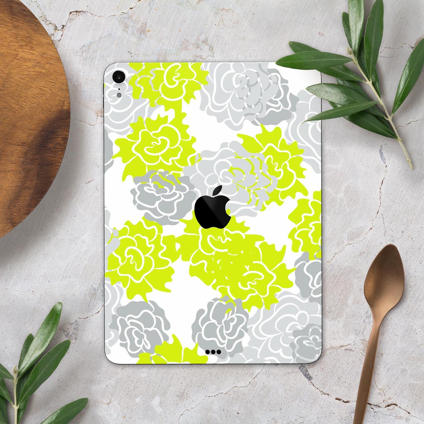 Gray and Lime Green Cartoon Roses skin decal for Apple devices, showcasing vibrant floral design on a sleek surface.