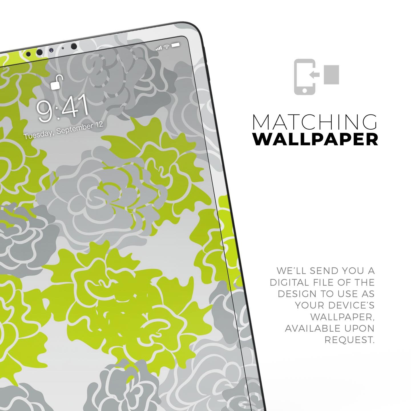 Gray and Lime Green Cartoon Roses skin decal for Apple devices, showcasing vibrant floral design on a sleek surface.