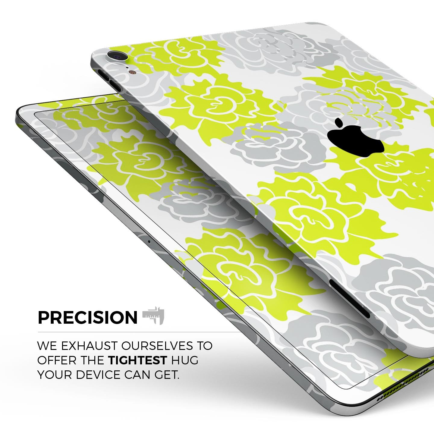 Gray and Lime Green Cartoon Roses skin decal for Apple devices, showcasing vibrant floral design on a sleek surface.