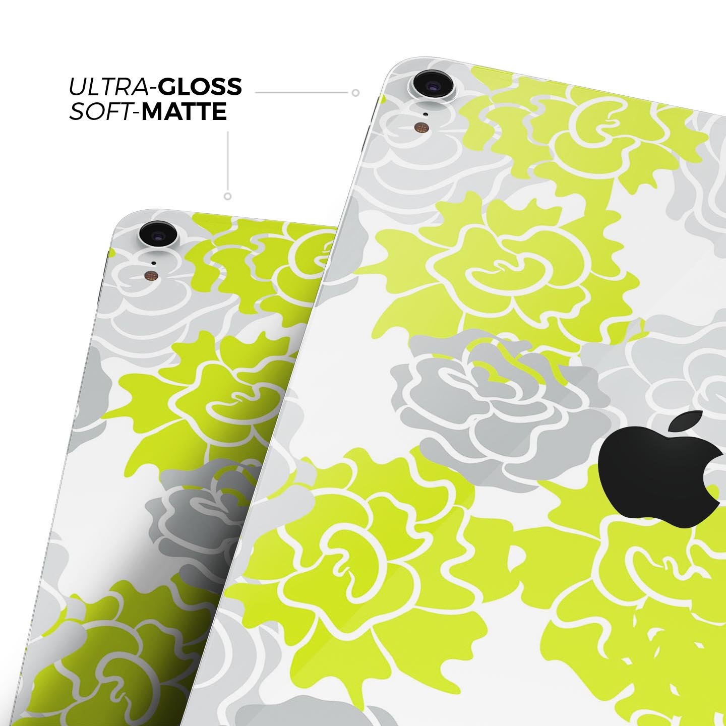 Gray and Lime Green Cartoon Roses skin decal for Apple devices, showcasing vibrant floral design on a sleek surface.