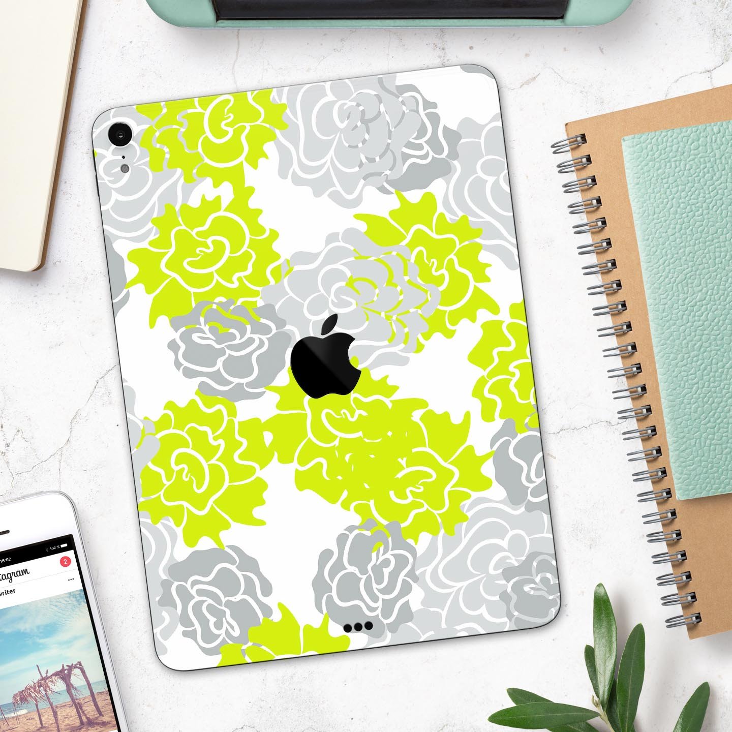 Gray and Lime Green Cartoon Roses skin decal for Apple devices, showcasing vibrant floral design on a sleek surface.