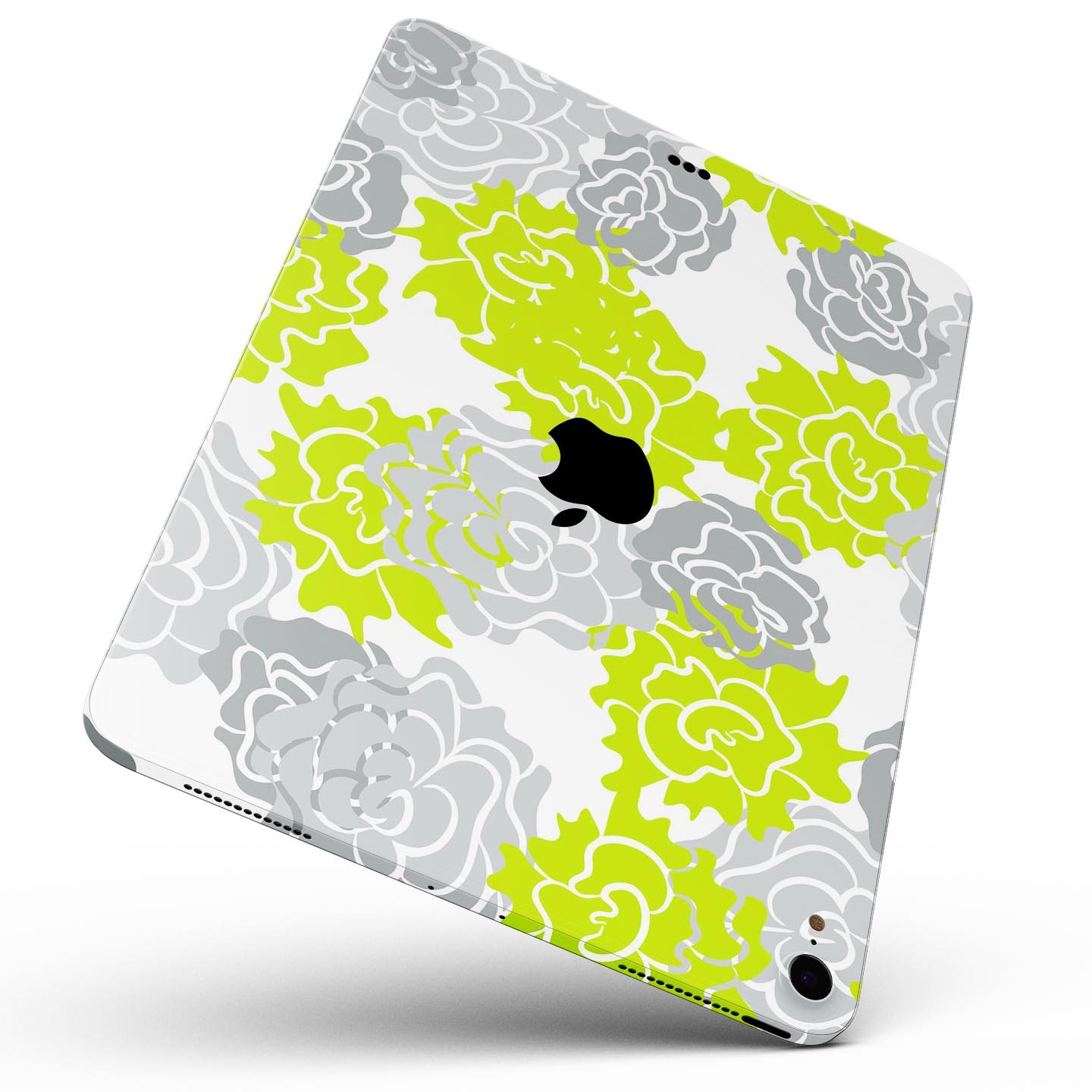 Gray and Lime Green Cartoon Roses skin decal for Apple devices, showcasing vibrant floral design on a sleek surface.