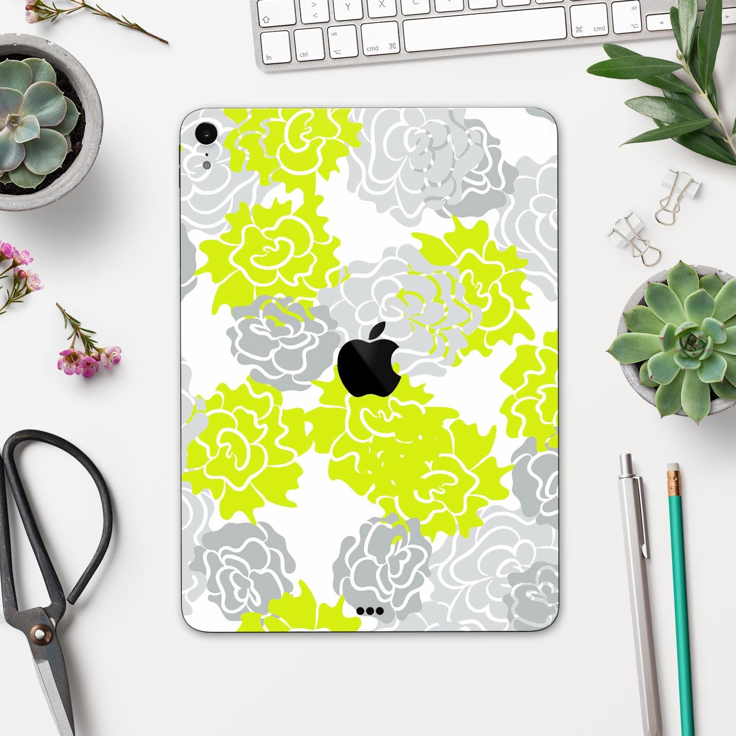 Gray and Lime Green Cartoon Roses skin decal for Apple devices, showcasing vibrant floral design on a sleek surface.