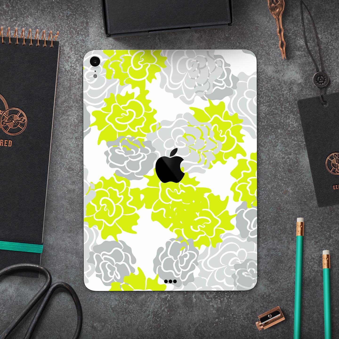 Gray and Lime Green Cartoon Roses skin decal for Apple devices, showcasing vibrant floral design on a sleek surface.