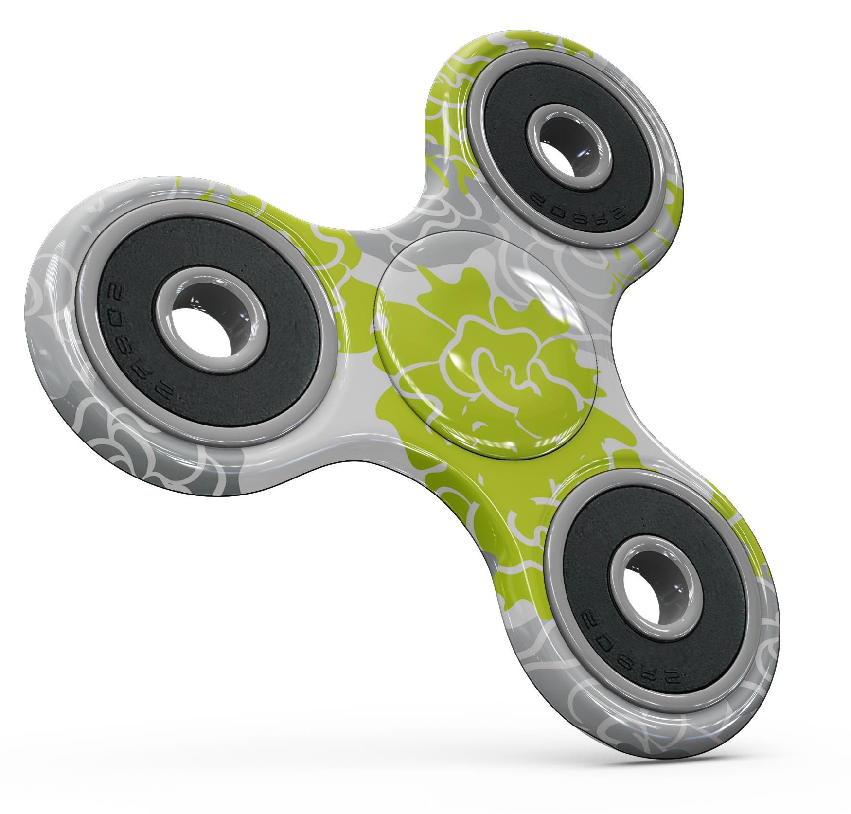 Gray and lime green cartoon roses design fidget spinner skin kit, showcasing vibrant colors and floral patterns.