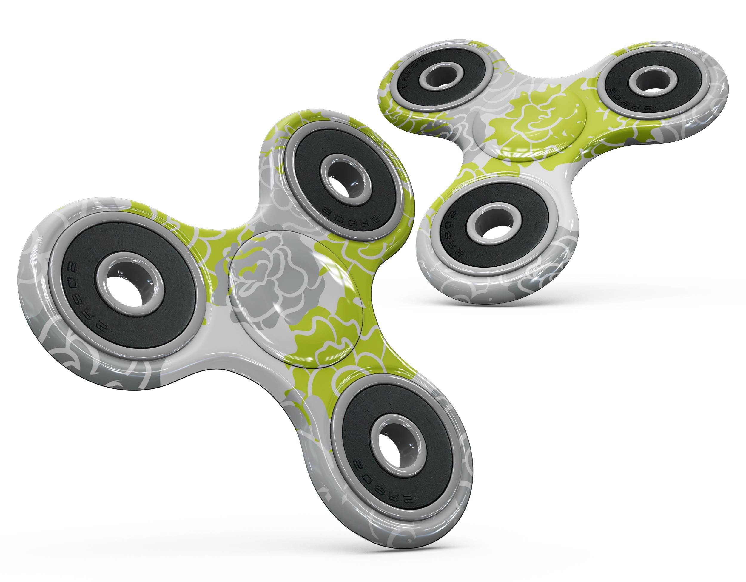 Gray and lime green cartoon roses design fidget spinner skin kit, showcasing vibrant colors and floral patterns.