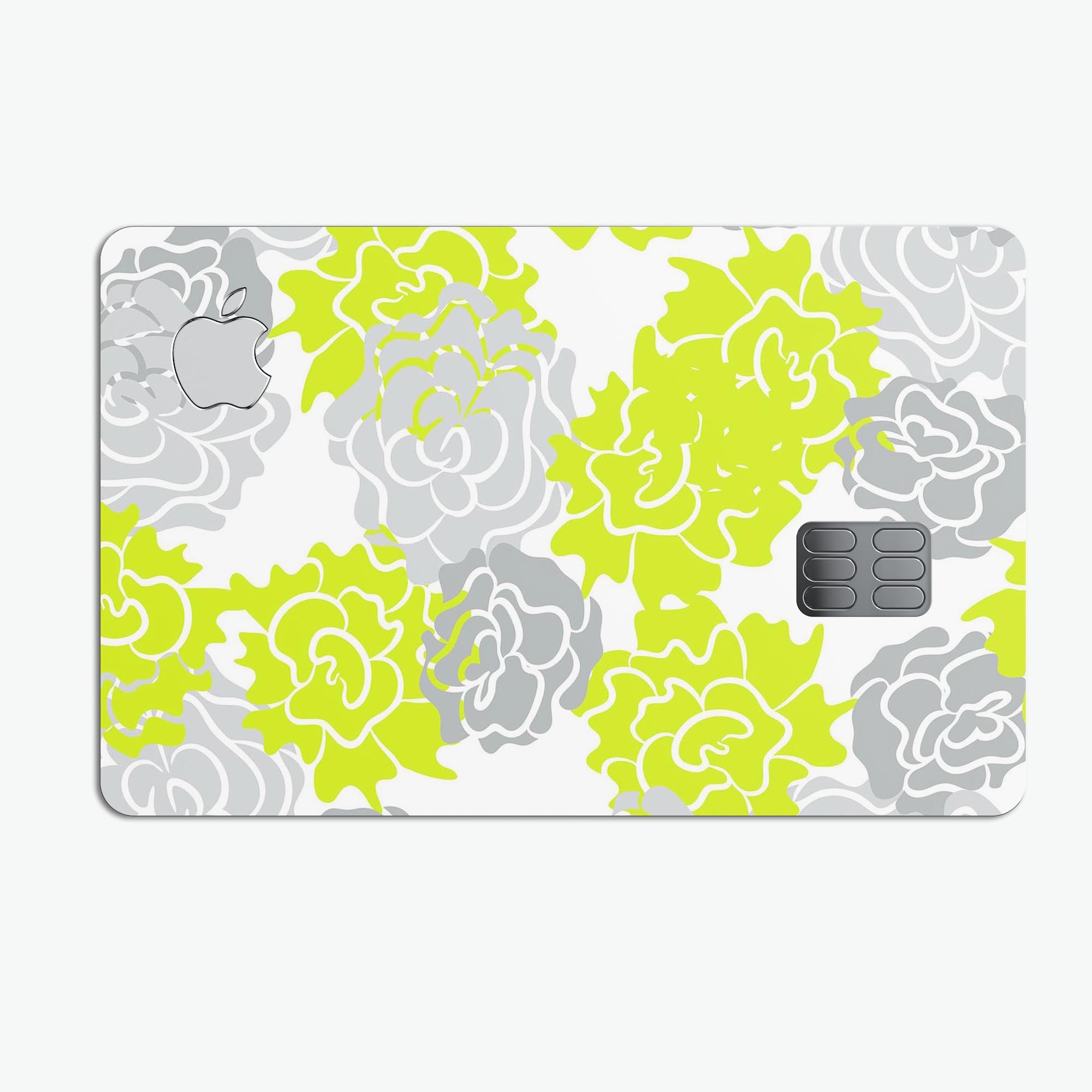 Gray and Lime Green Cartoon Roses decal skin for Apple Card, showcasing vibrant colors and a stylish design.