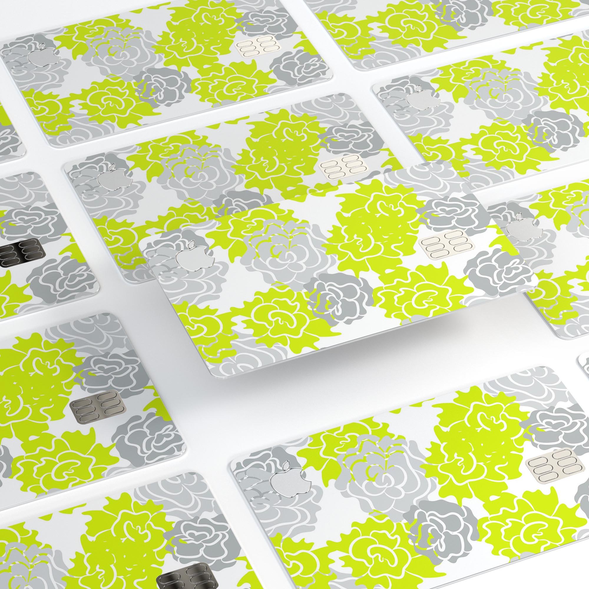 Gray and Lime Green Cartoon Roses decal skin for Apple Card, showcasing vibrant colors and a stylish design.