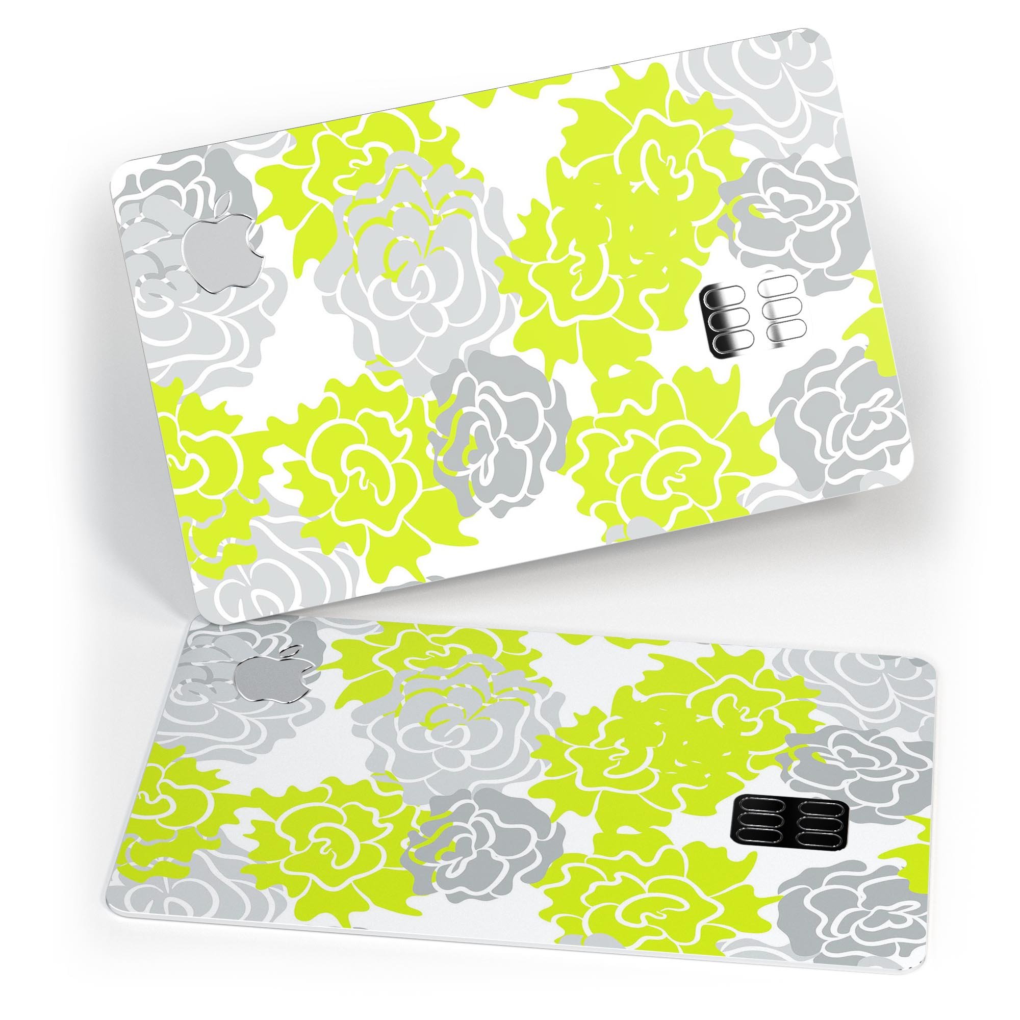 Gray and Lime Green Cartoon Roses decal skin for Apple Card, showcasing vibrant colors and a stylish design.