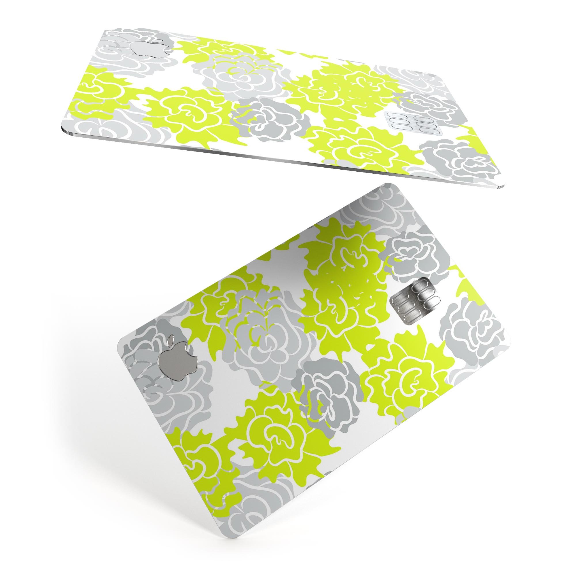 Gray and Lime Green Cartoon Roses decal skin for Apple Card, showcasing vibrant colors and a stylish design.