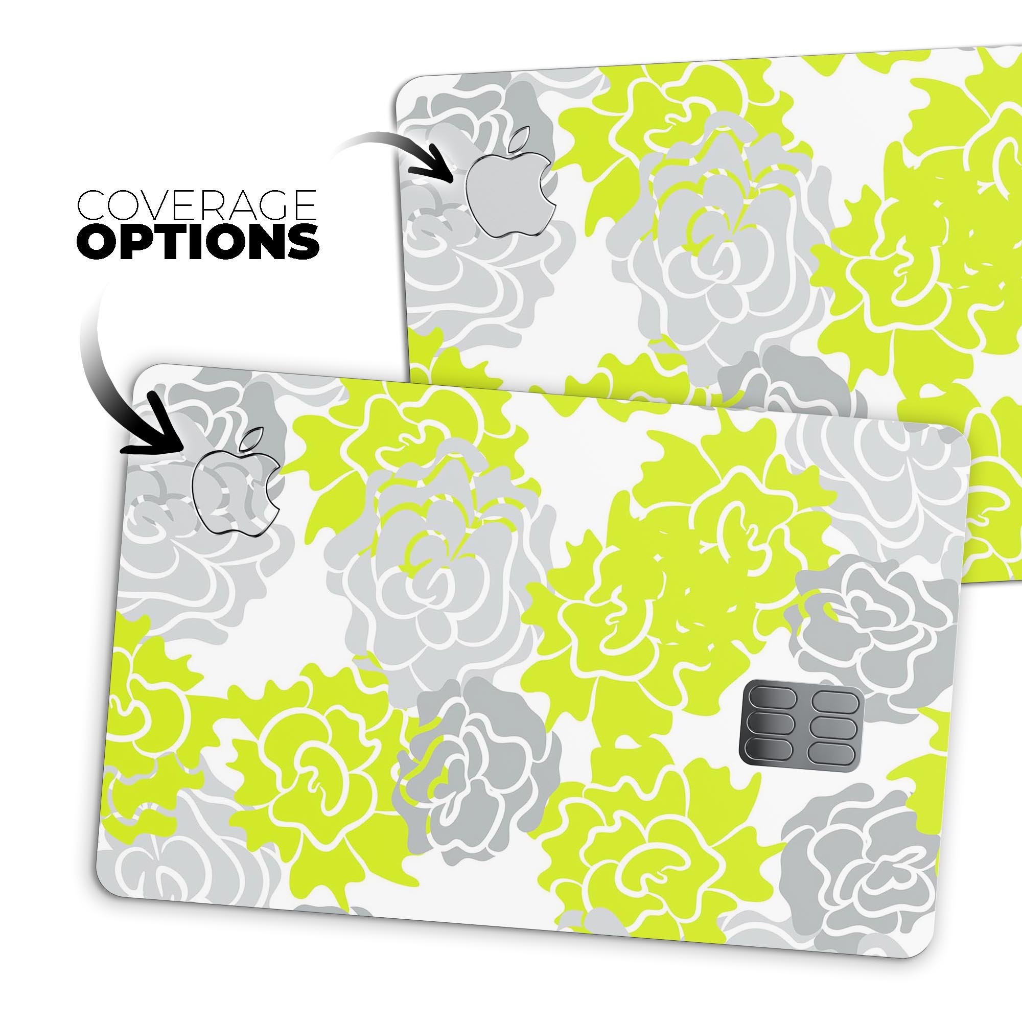 Gray and Lime Green Cartoon Roses decal skin for Apple Card, showcasing vibrant colors and a stylish design.