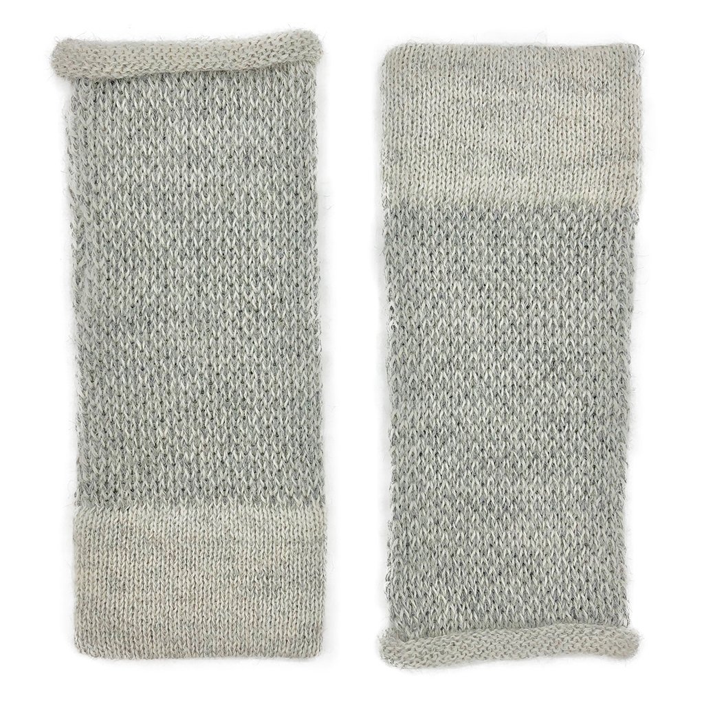 Gray interwoven alpaca fingerless gloves showcasing a textured design, perfect for style and warmth.