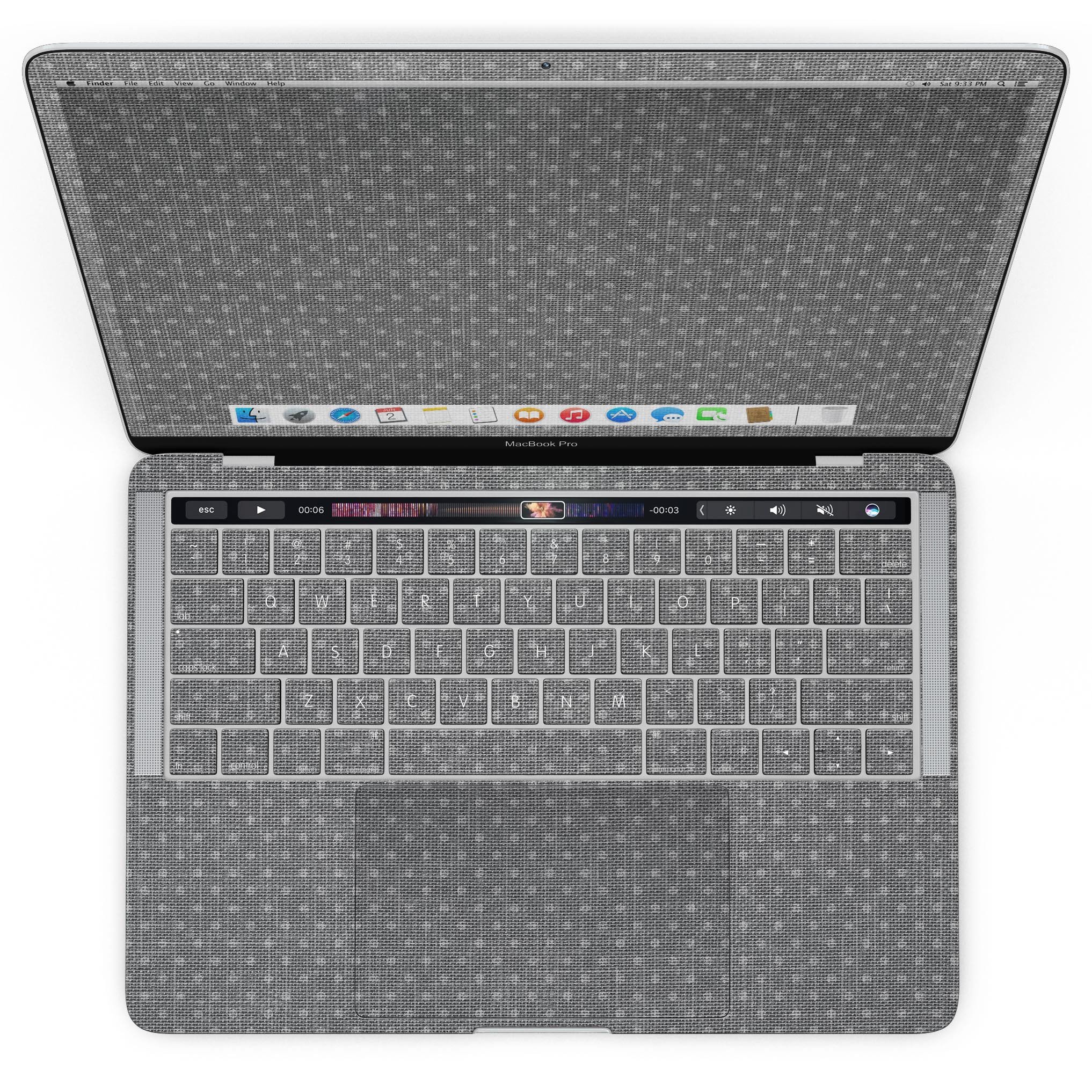 Gray Micro Dot Skin for MacBook Pro with Touch Bar, showcasing a stylish design and premium vinyl material.