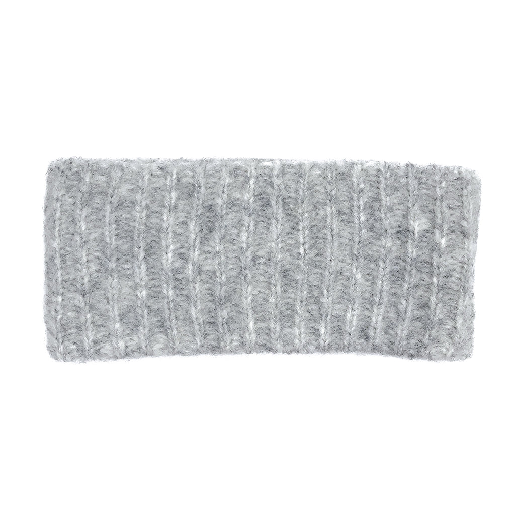 Gray ribbed alpaca ear warmer headband, showcasing its cozy texture and handmade quality.