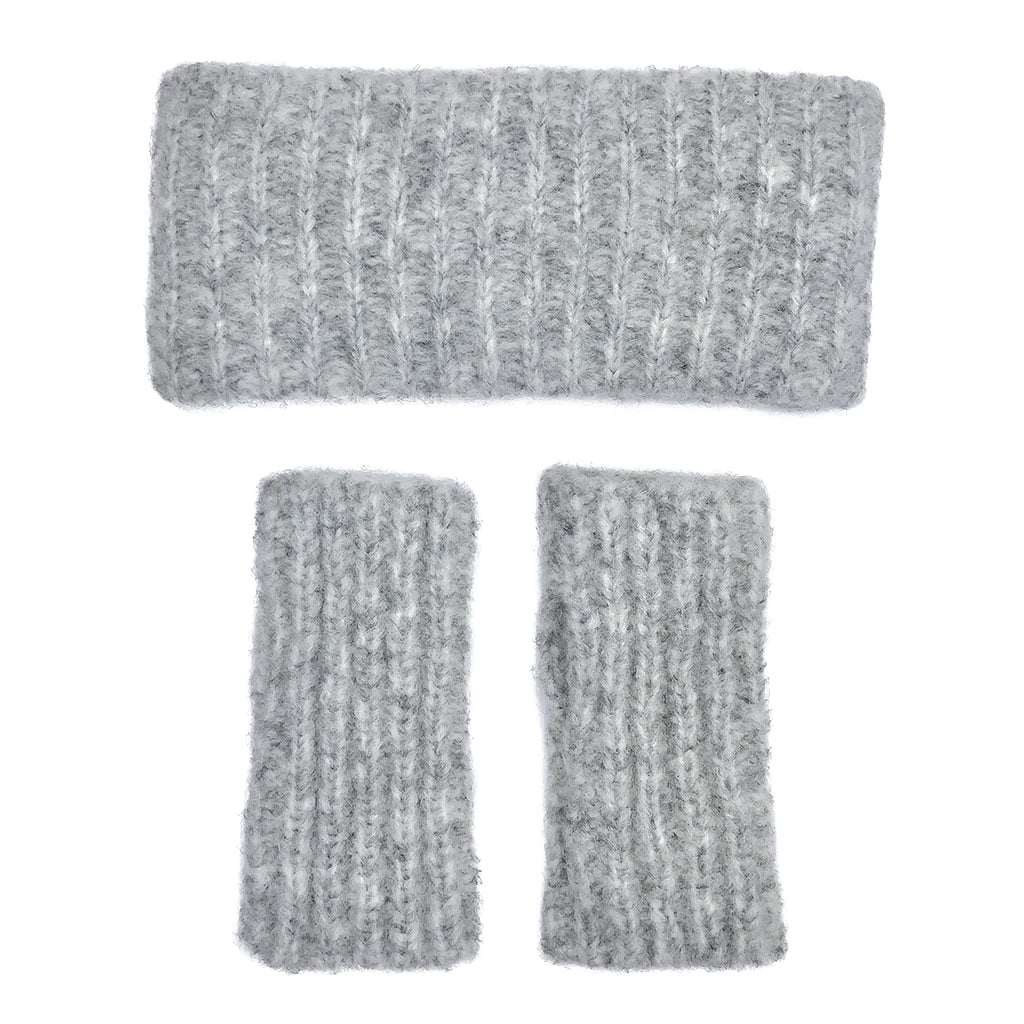 Gray ribbed alpaca ear warmer headband, showcasing its cozy texture and handmade quality.