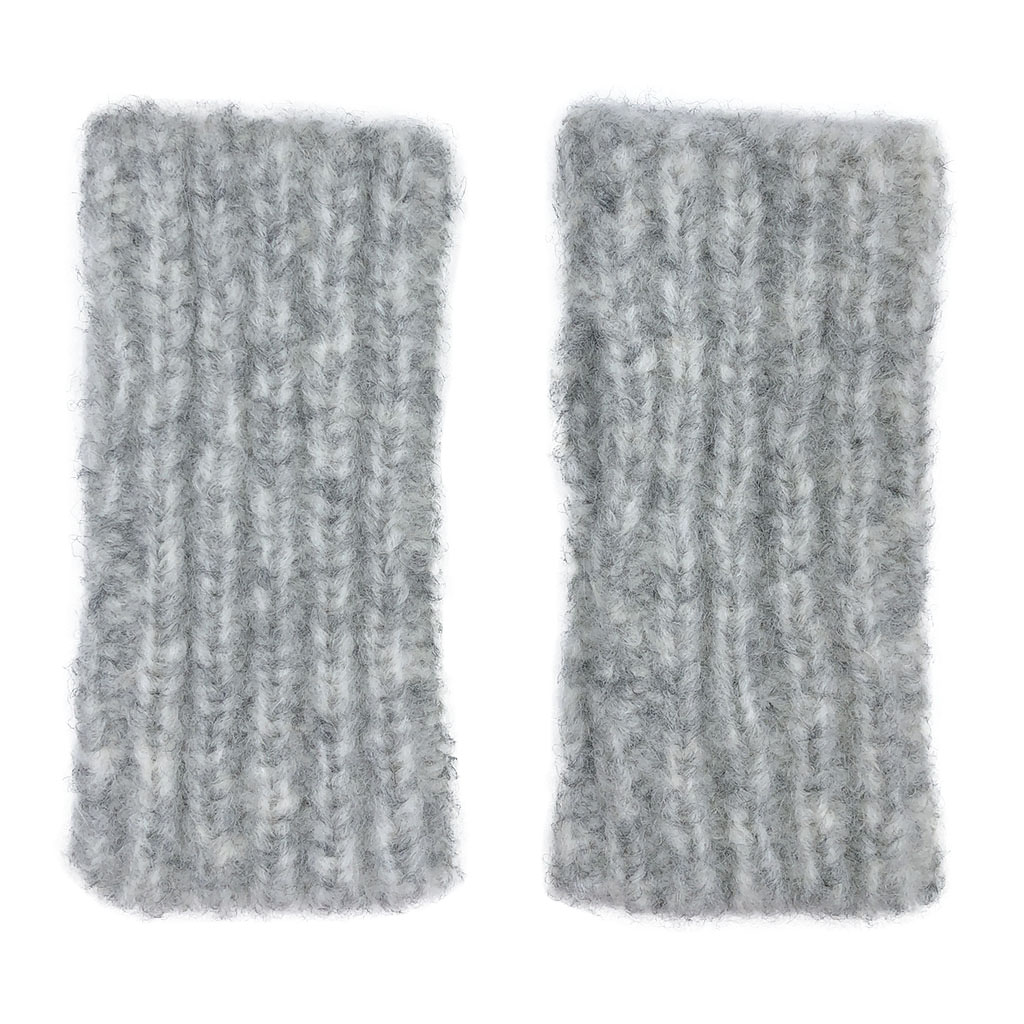 Gray ribbed alpaca fingerless gloves with open top and thumb slit, showcasing a soft and warm texture.