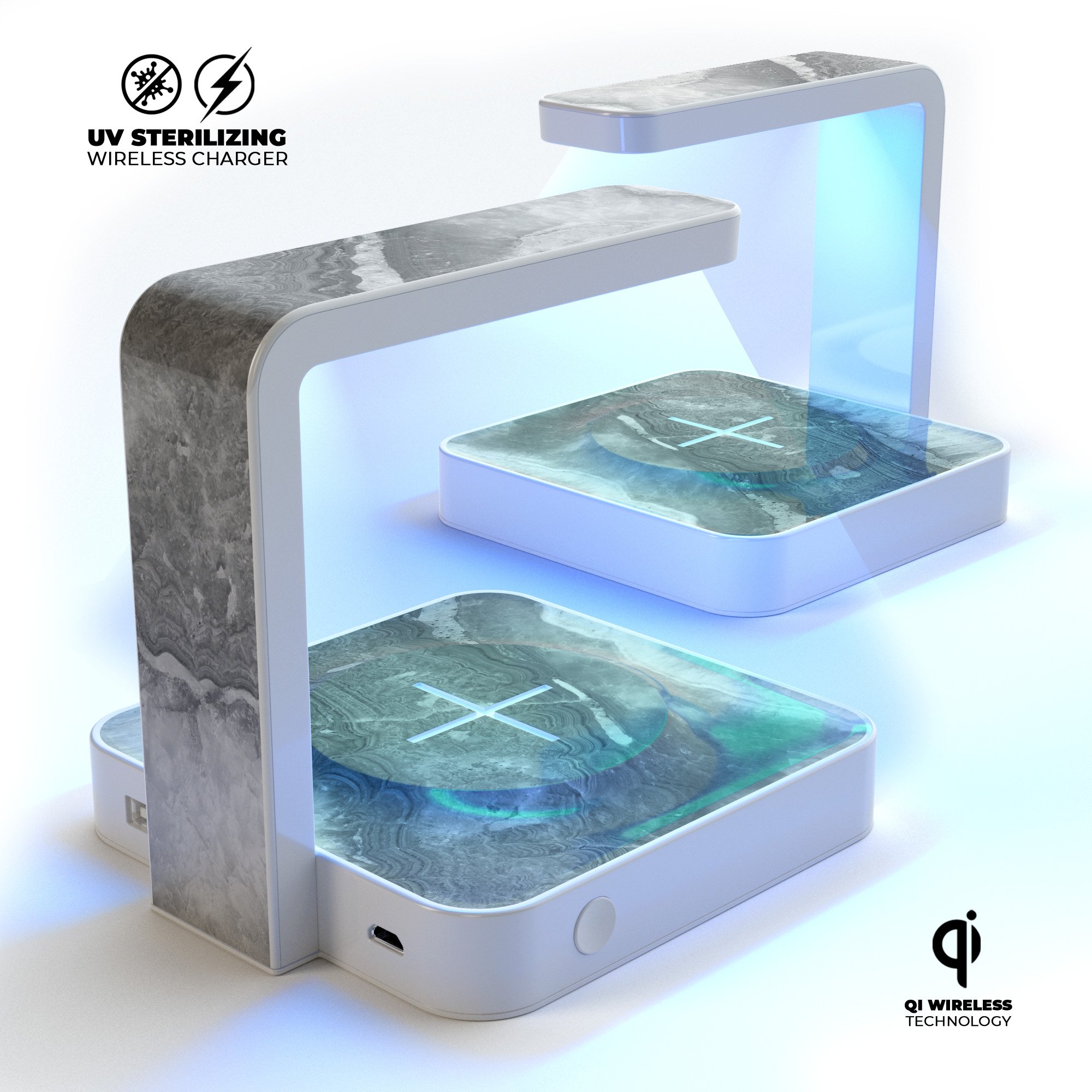 Gray Slate Marble V26 UV Germicidal Sanitizing Wireless Charger with decorative skin and USB cable.