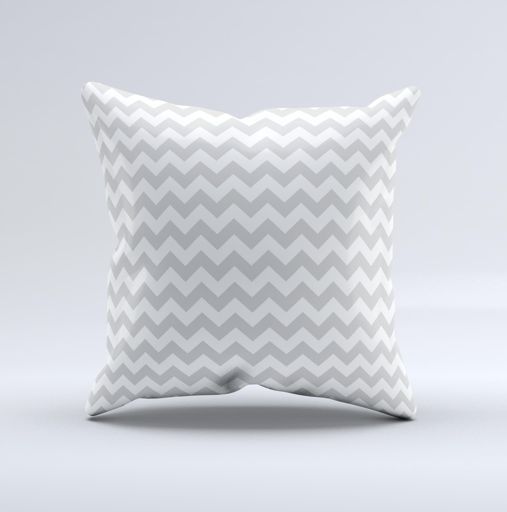 Gray and white chevron pattern decorative throw pillow, handcrafted in Virginia with high thread count fabric and polyester filling.