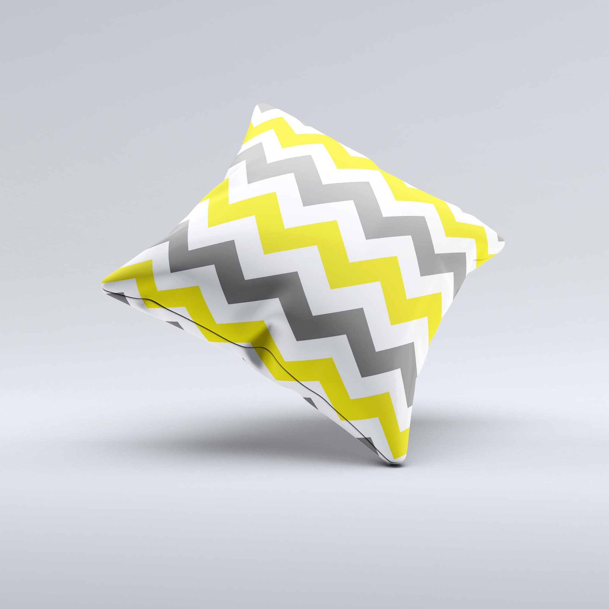 Gray and yellow chevron pattern decorative throw pillow, showcasing a unique handmade design with soft fabric and high-quality filling.