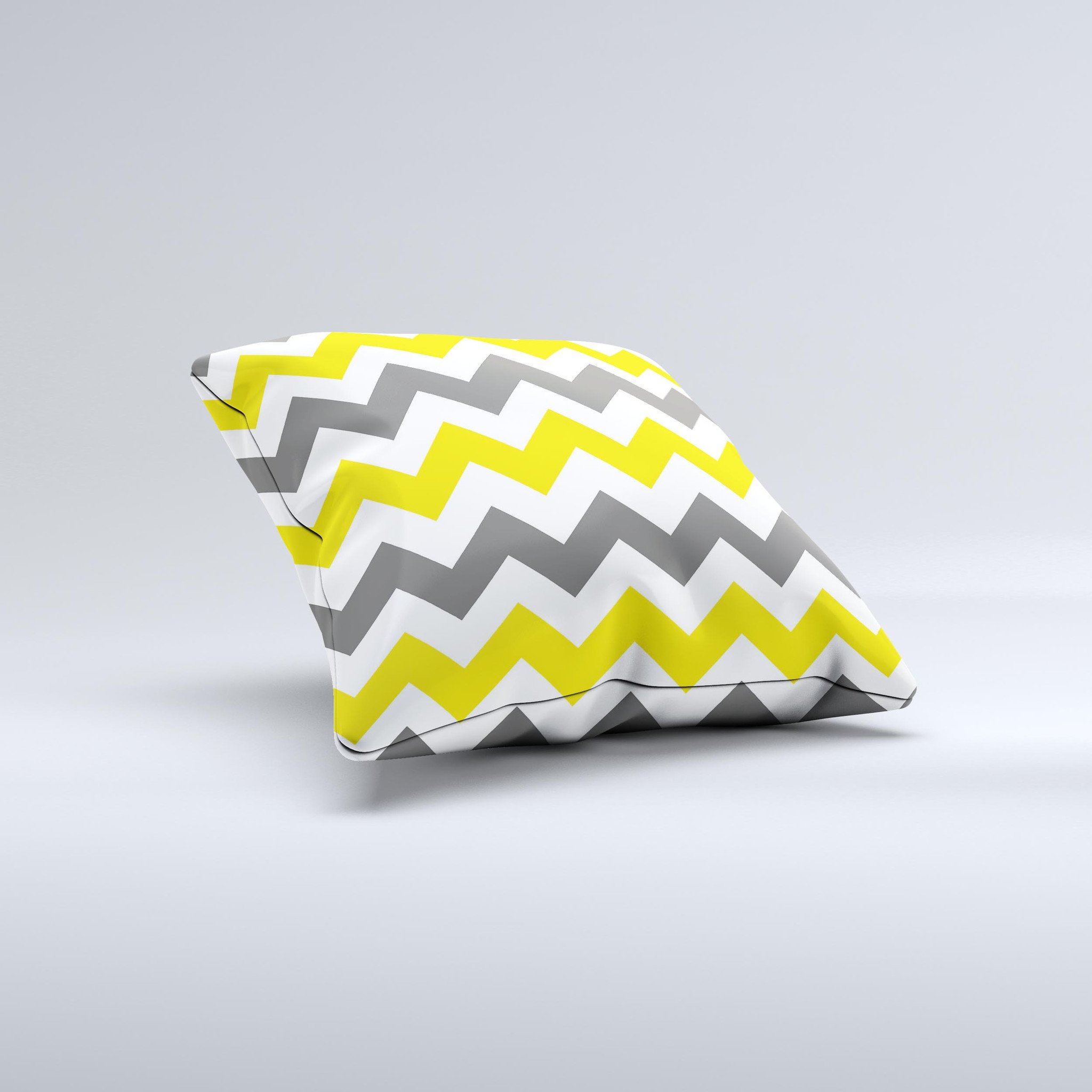 Gray and yellow chevron pattern decorative throw pillow, showcasing a unique handmade design with soft fabric and high-quality filling.