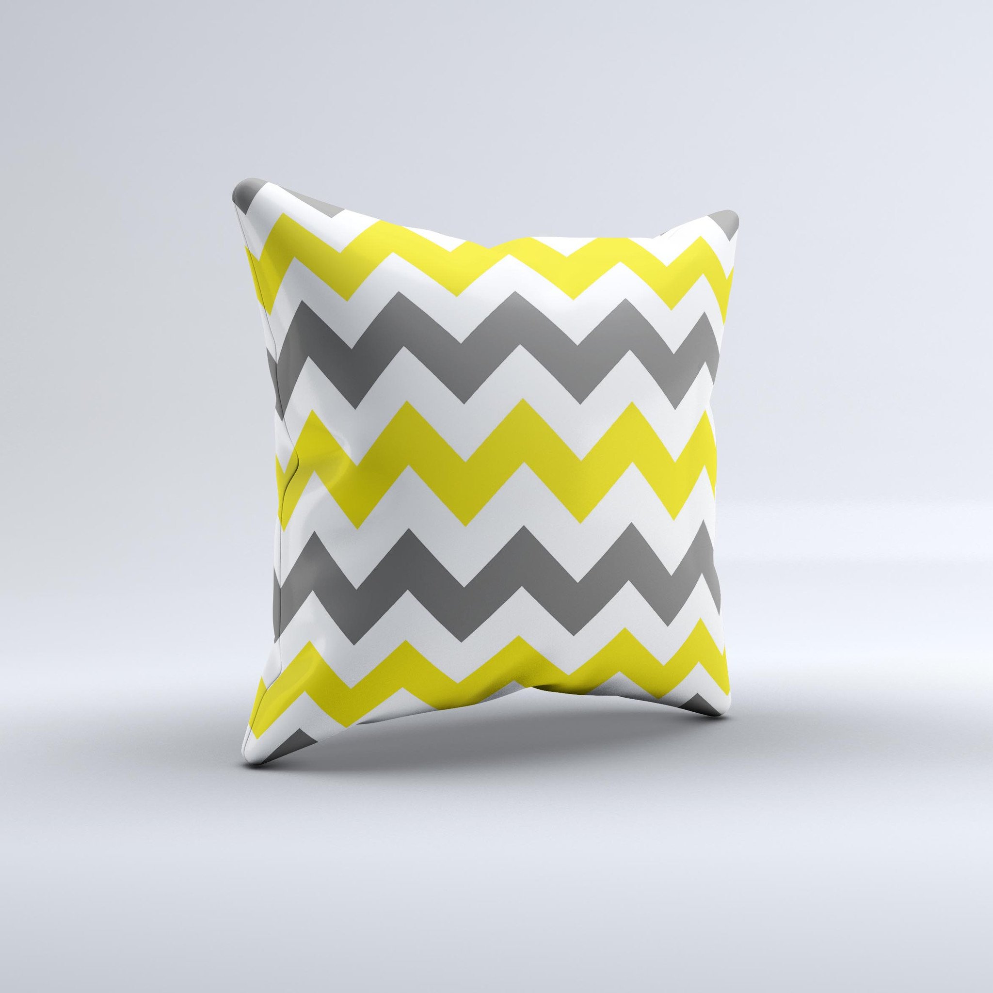 Gray and yellow chevron pattern decorative throw pillow, showcasing a unique handmade design with soft fabric and high-quality filling.