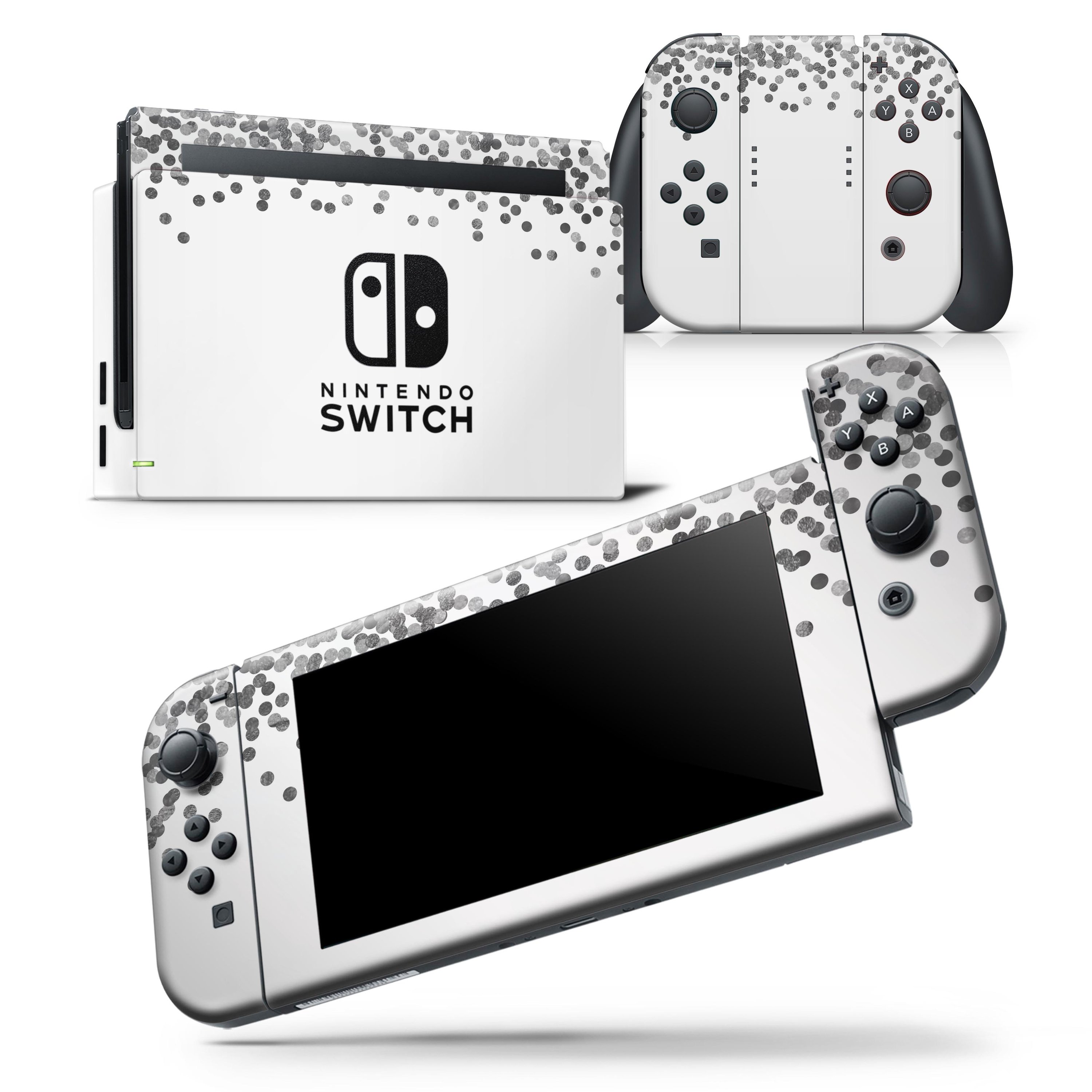 Grayscale Descending Micro Dots skin wrap decal for Nintendo Switch, showcasing a stylish design that fits the console and controllers perfectly.