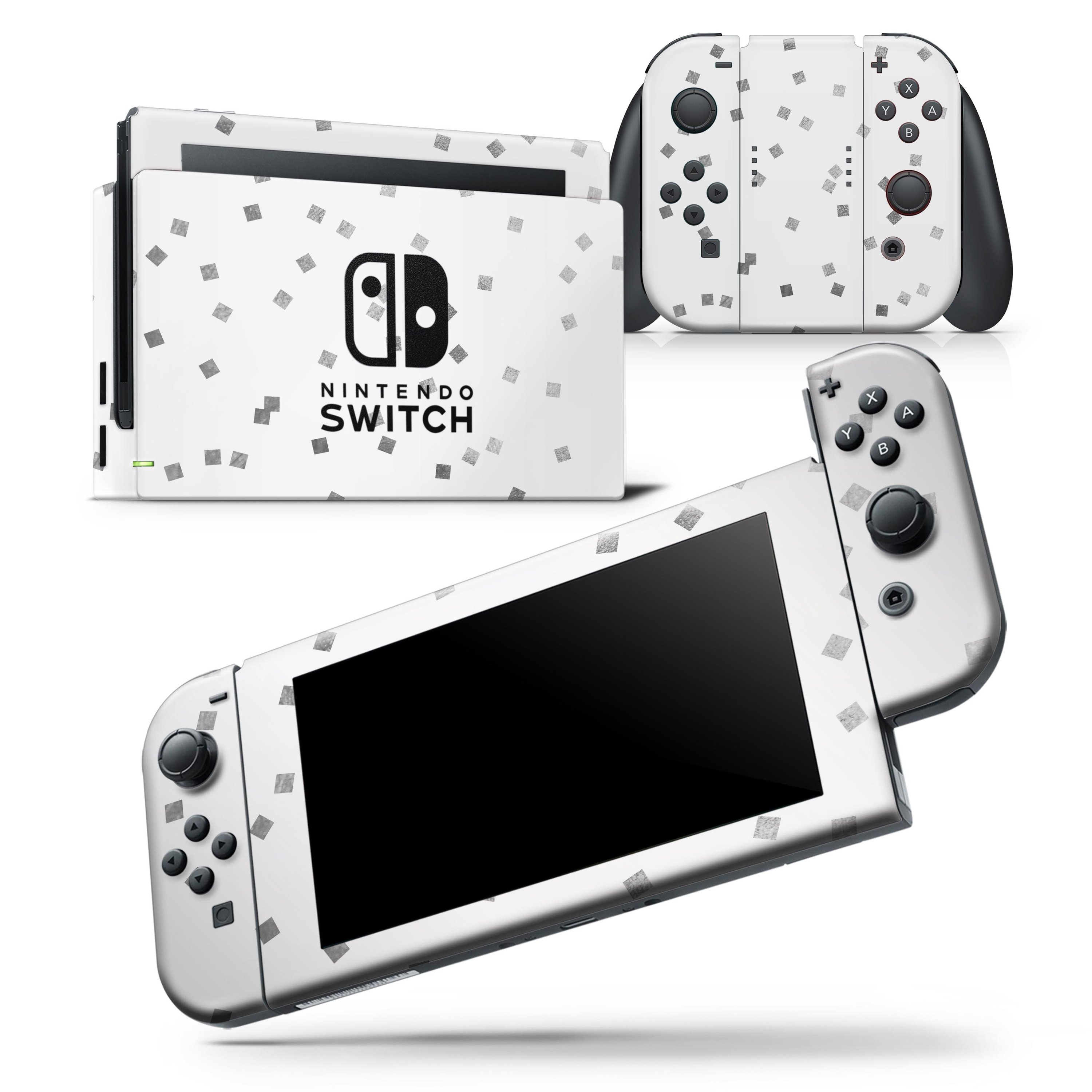 Grayscale Scattered Micro Blocks skin wrap decal for Nintendo Switch, showcasing a stylish design that fits the console and controllers perfectly.