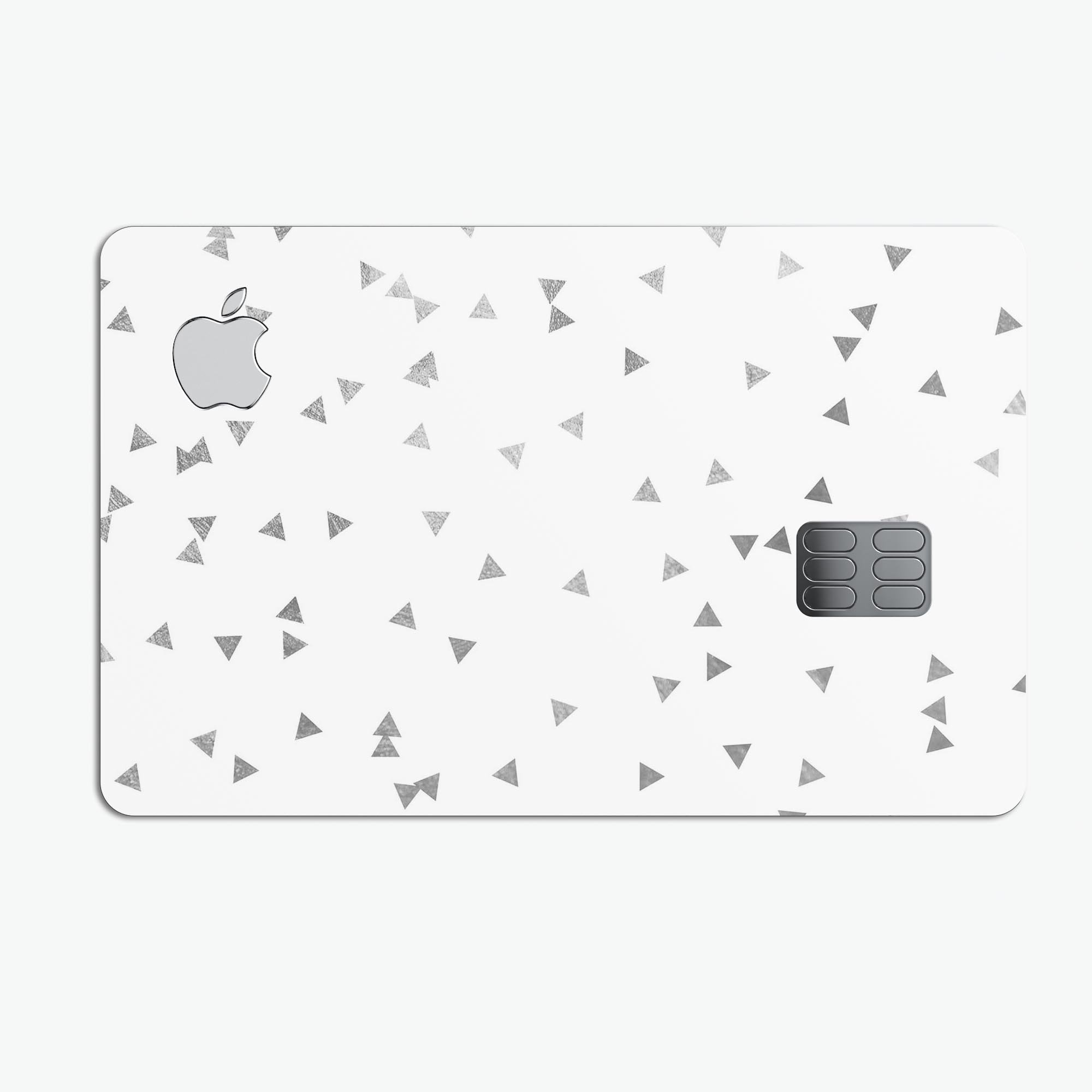 Grayscale Scattered Micro Triangles decal on an Apple Card, showcasing its stylish design and premium quality.