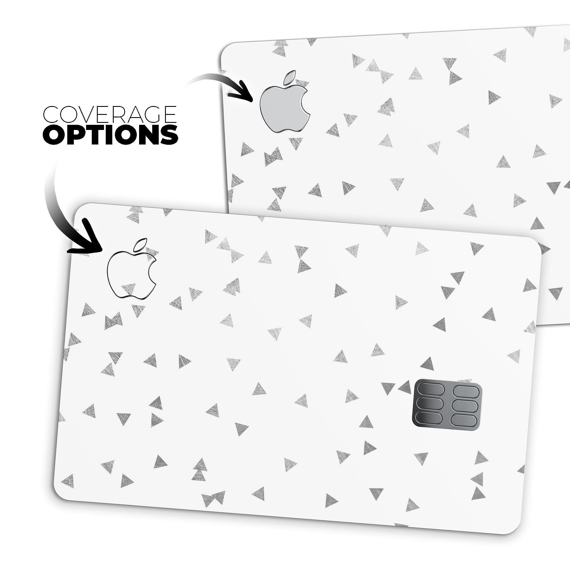 Grayscale Scattered Micro Triangles decal on an Apple Card, showcasing its stylish design and premium quality.