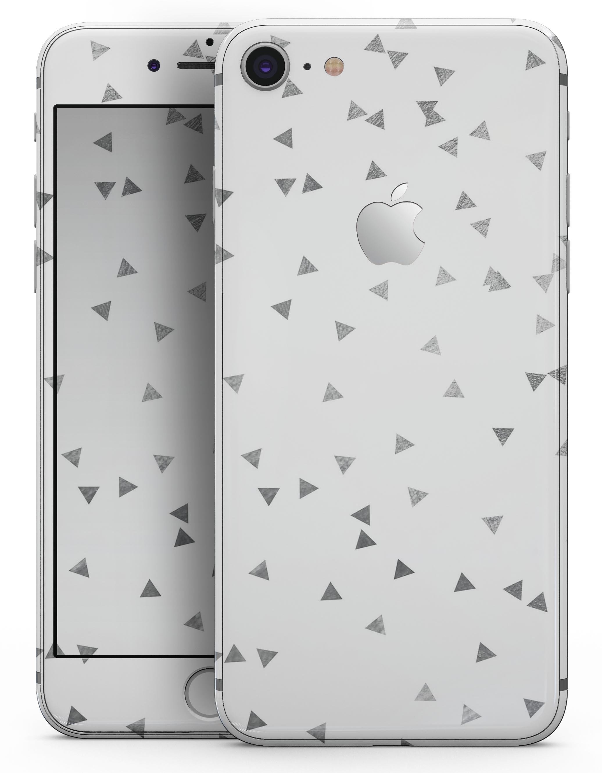 Grayscale Scattered Micro Triangles skin for iPhone 8 and 8 Plus, showcasing a modern geometric design.