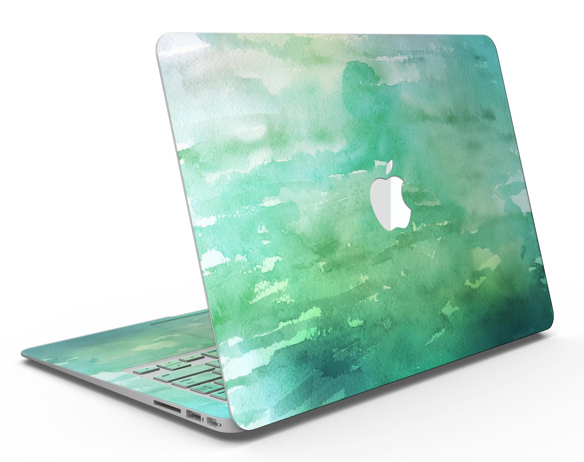 Green 2 Absorbed Watercolor Texture MacBook Air Skin Kit showcasing vibrant watercolor design on a sleek MacBook Air.