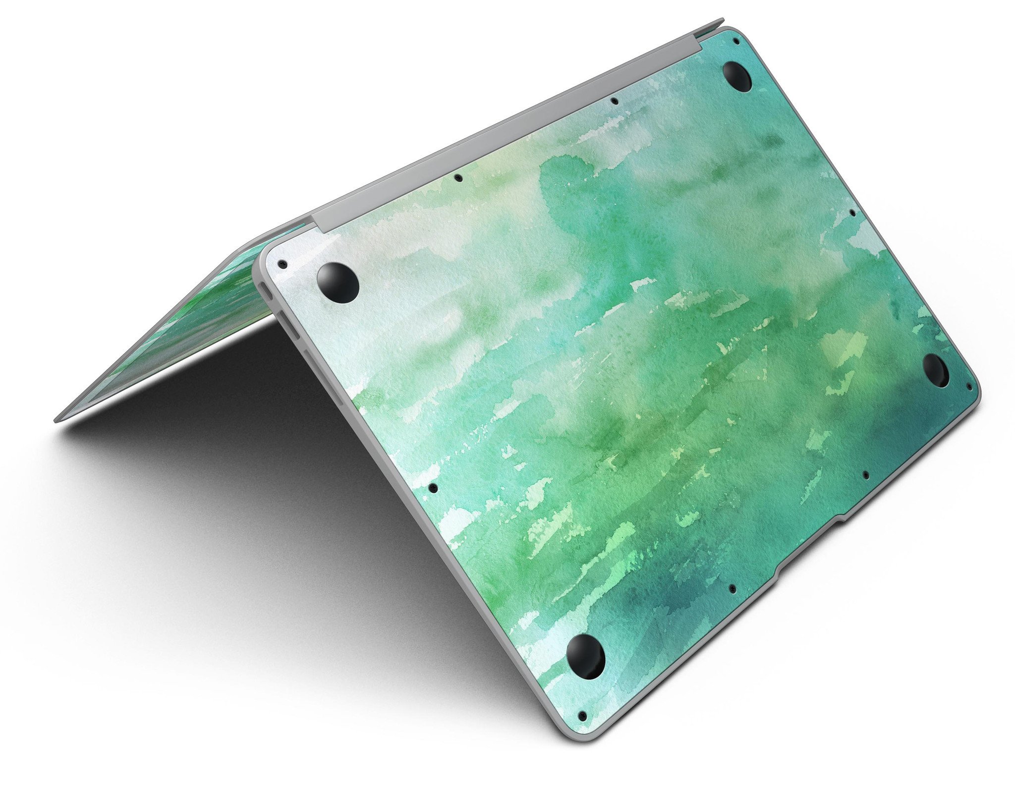 Green 2 Absorbed Watercolor Texture MacBook Air Skin Kit showcasing vibrant watercolor design on a sleek MacBook Air.