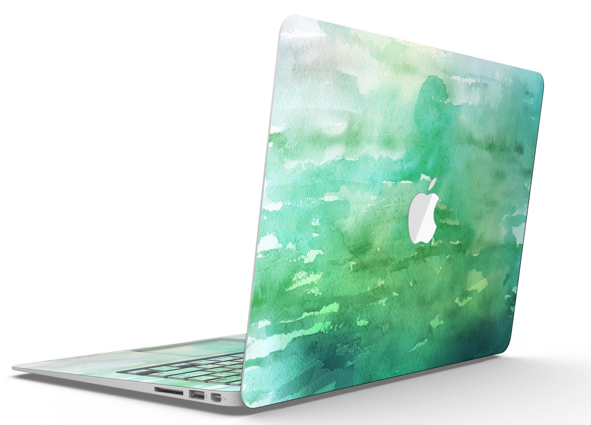 Green 2 Absorbed Watercolor Texture MacBook Air Skin Kit showcasing vibrant watercolor design on a sleek MacBook Air.