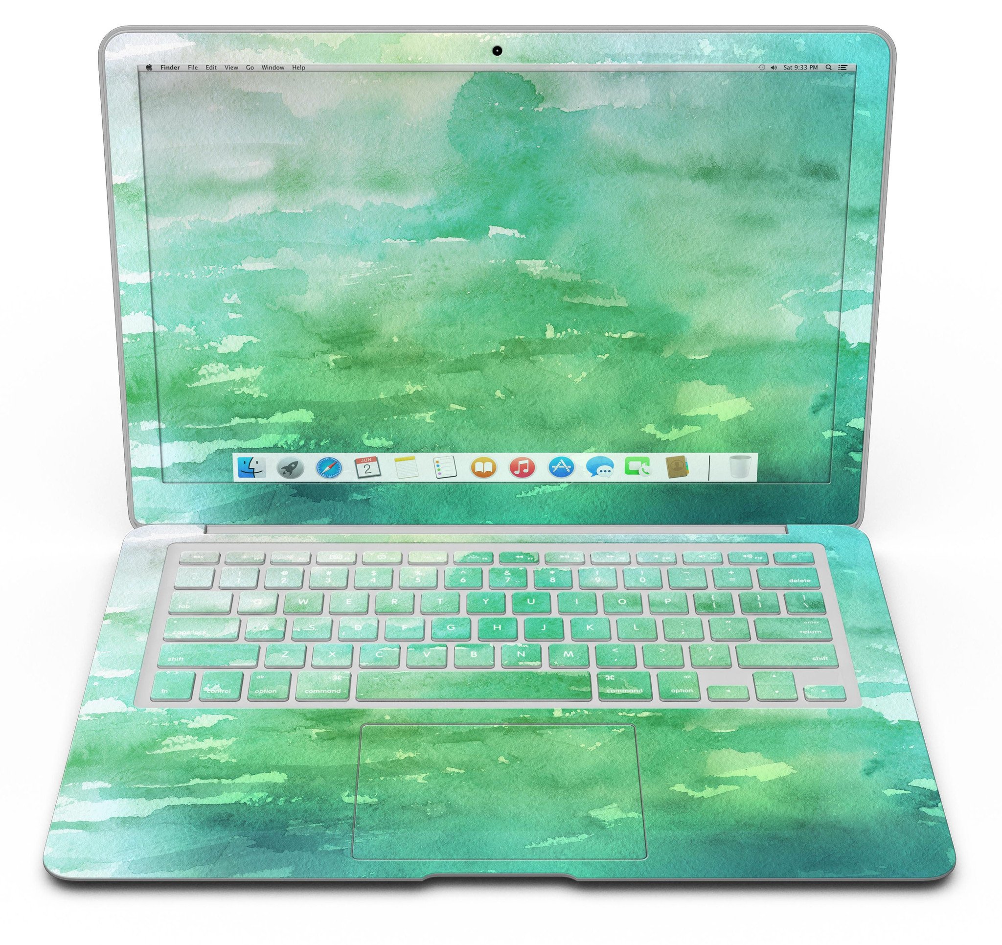 Green 2 Absorbed Watercolor Texture MacBook Air Skin Kit showcasing vibrant watercolor design on a sleek MacBook Air.