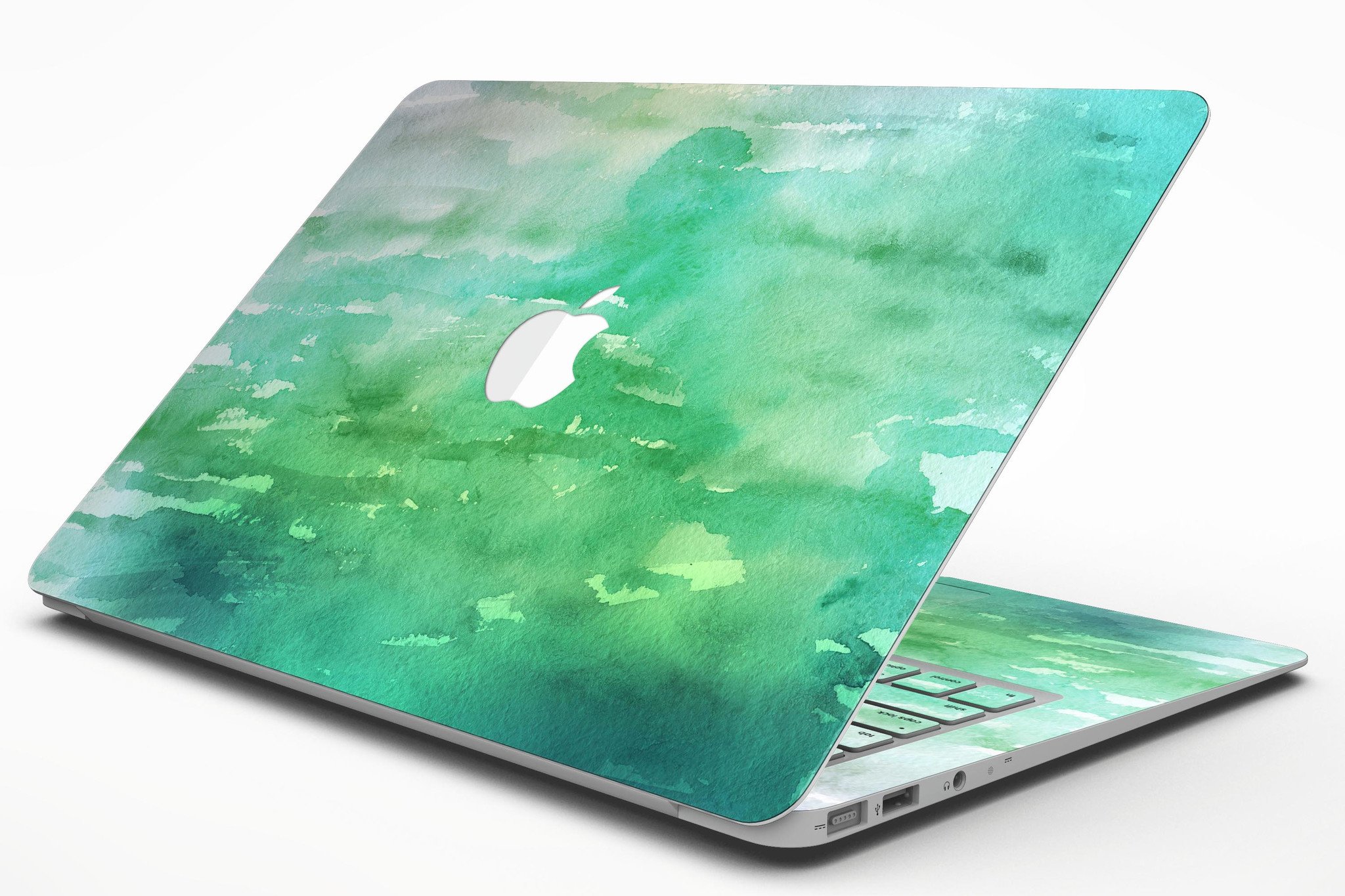 Green 2 Absorbed Watercolor Texture MacBook Air Skin Kit showcasing vibrant watercolor design on a sleek MacBook Air.