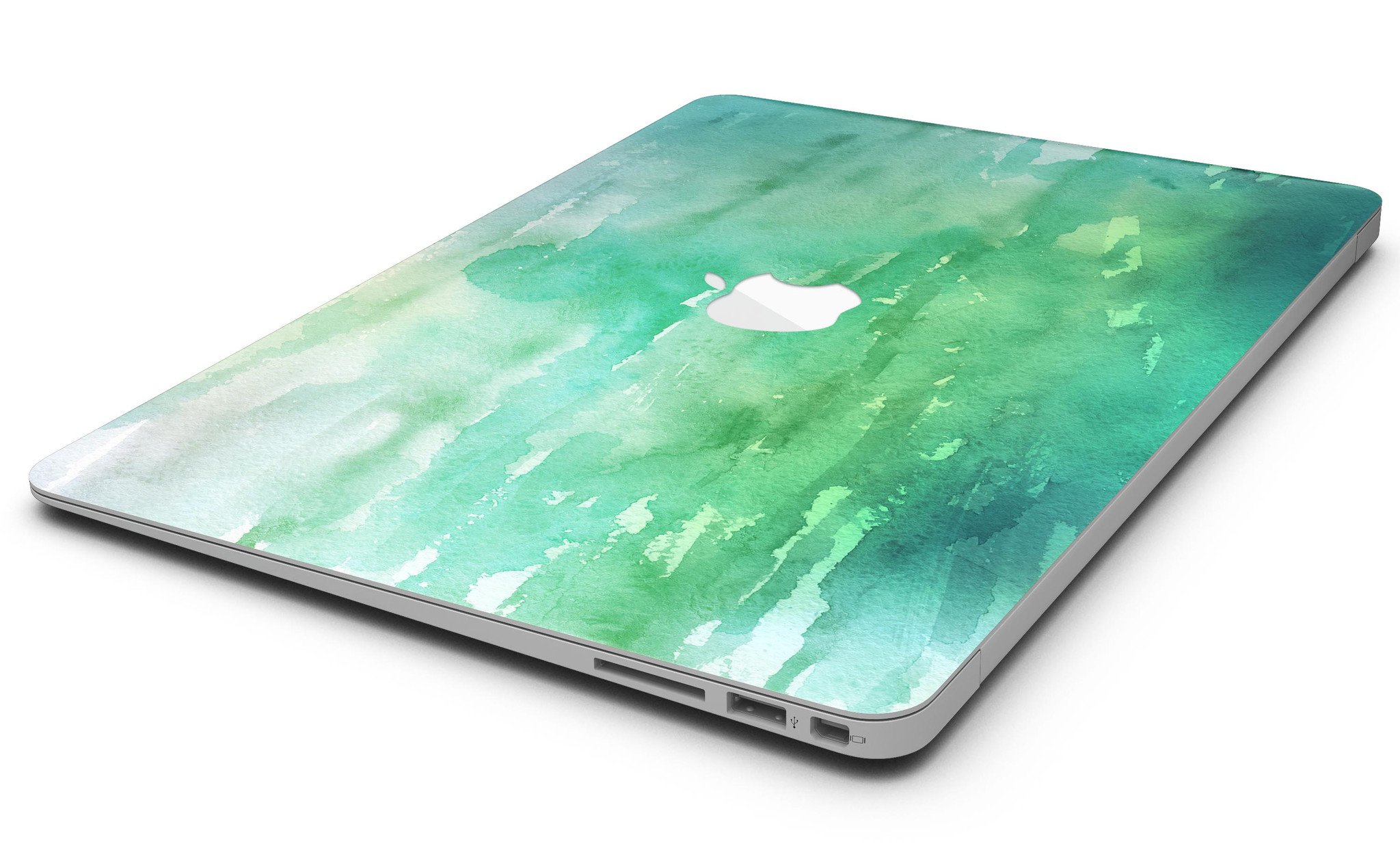 Green 2 Absorbed Watercolor Texture MacBook Air Skin Kit showcasing vibrant watercolor design on a sleek MacBook Air.