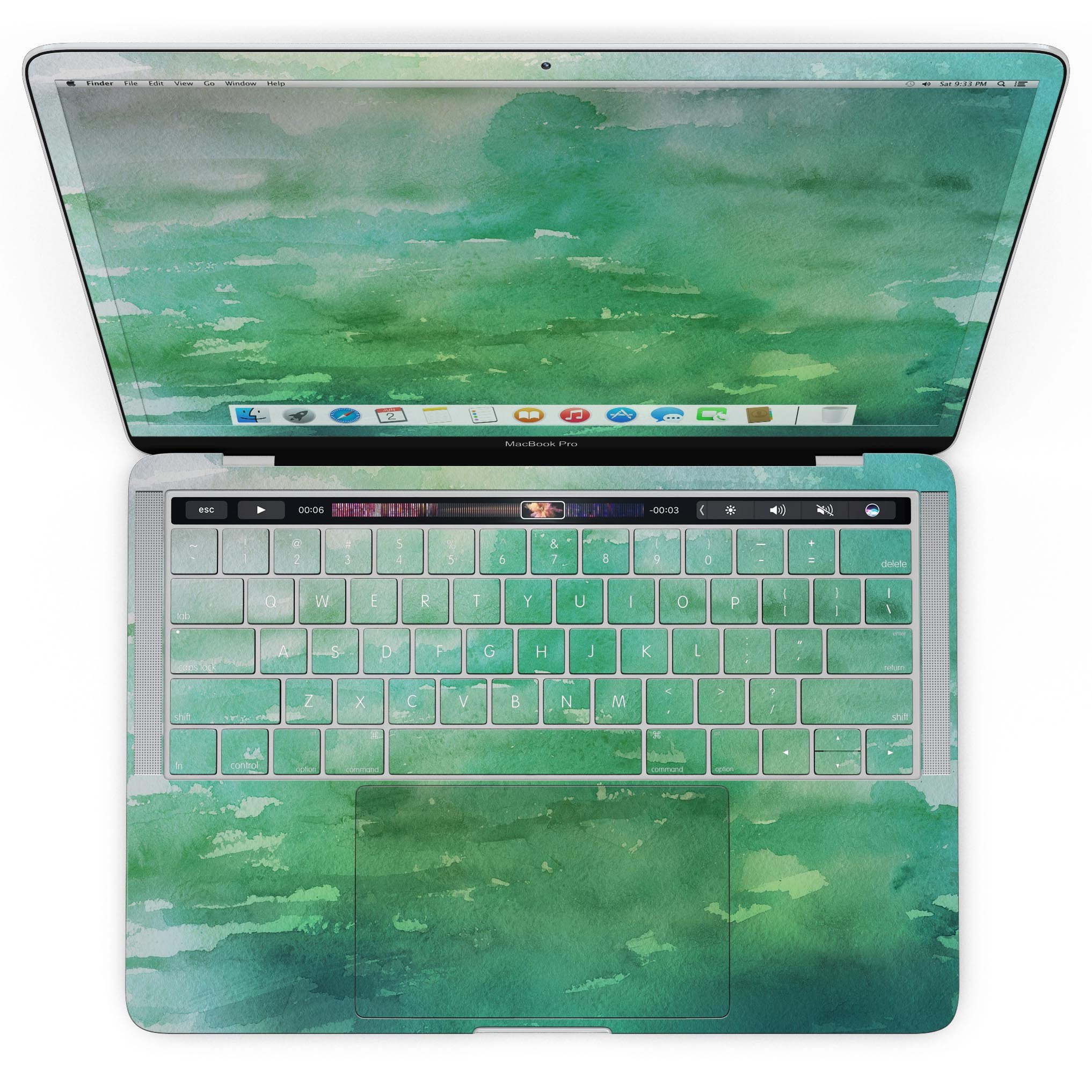 Green 2 Absorbed Watercolor Texture skin for MacBook Pro with Touch Bar, showcasing vibrant colors and a stylish design.