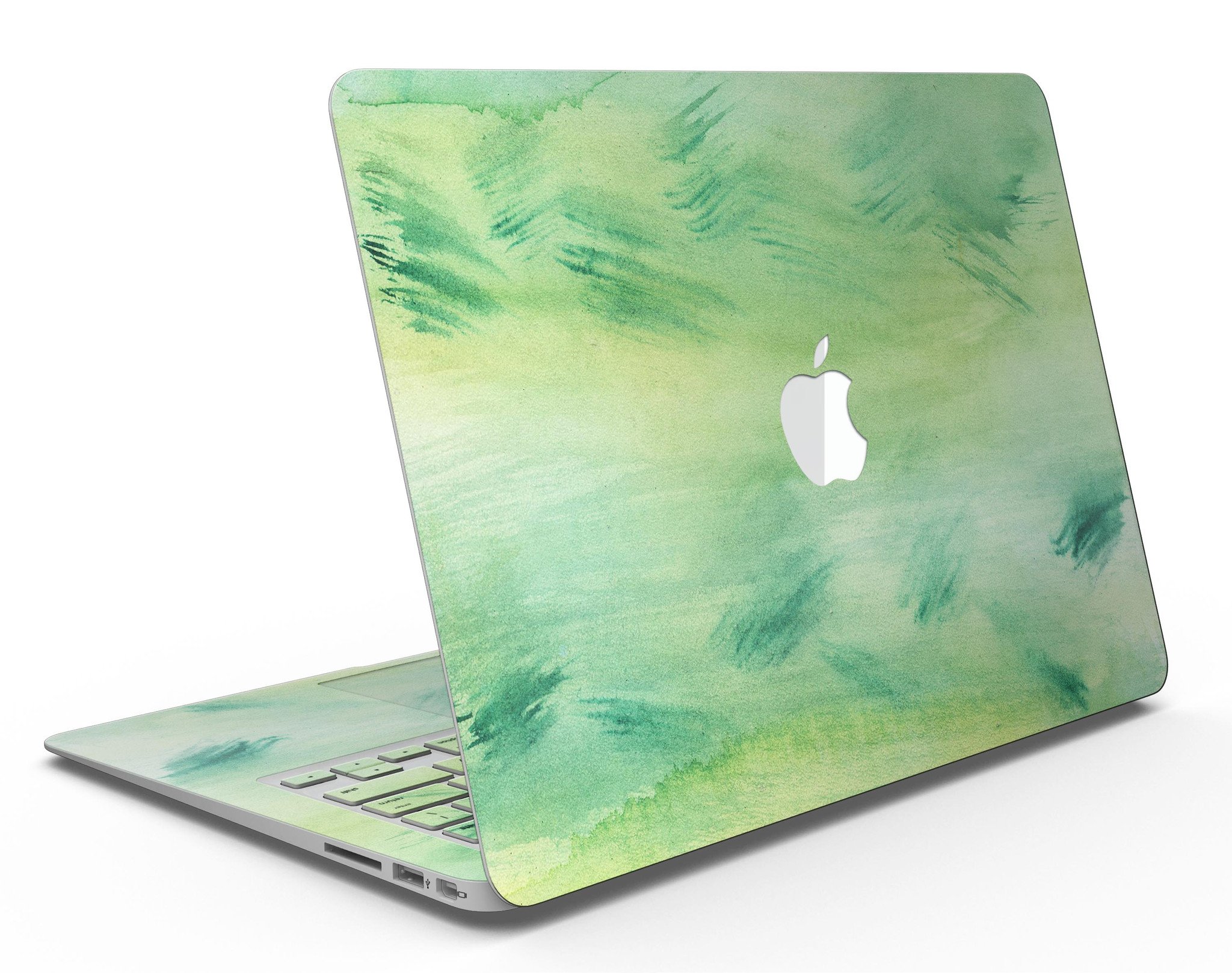 Green 321 Absorbed Watercolor Texture MacBook Air Skin Kit showcasing vibrant watercolor design on a sleek MacBook Air.