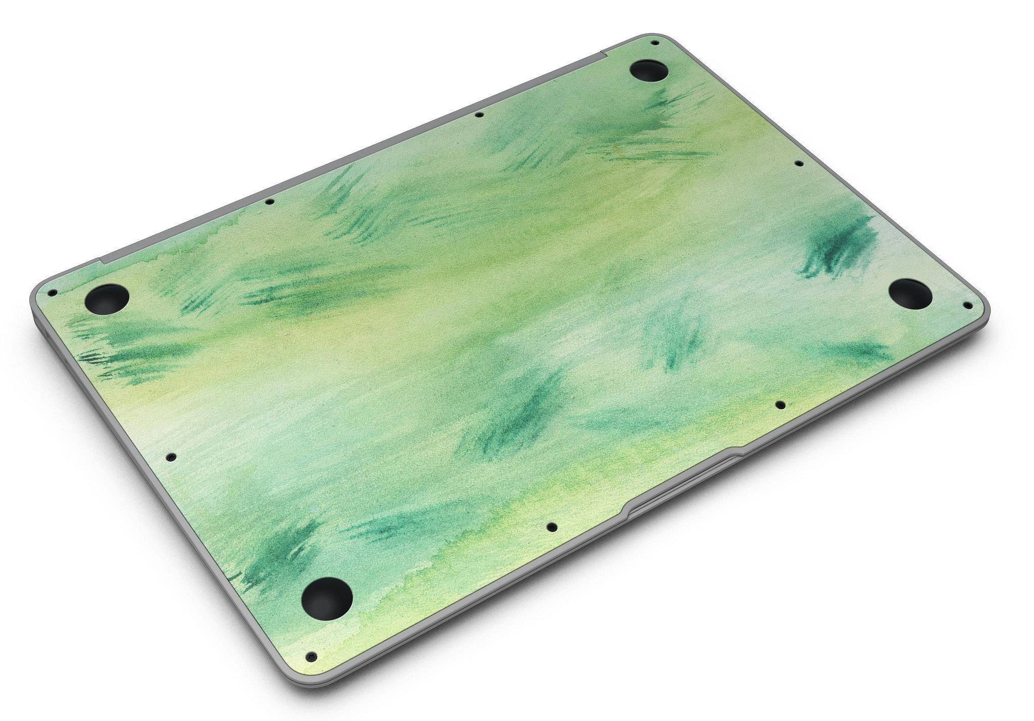 Green 321 Absorbed Watercolor Texture MacBook Air Skin Kit showcasing vibrant watercolor design on a sleek MacBook Air.