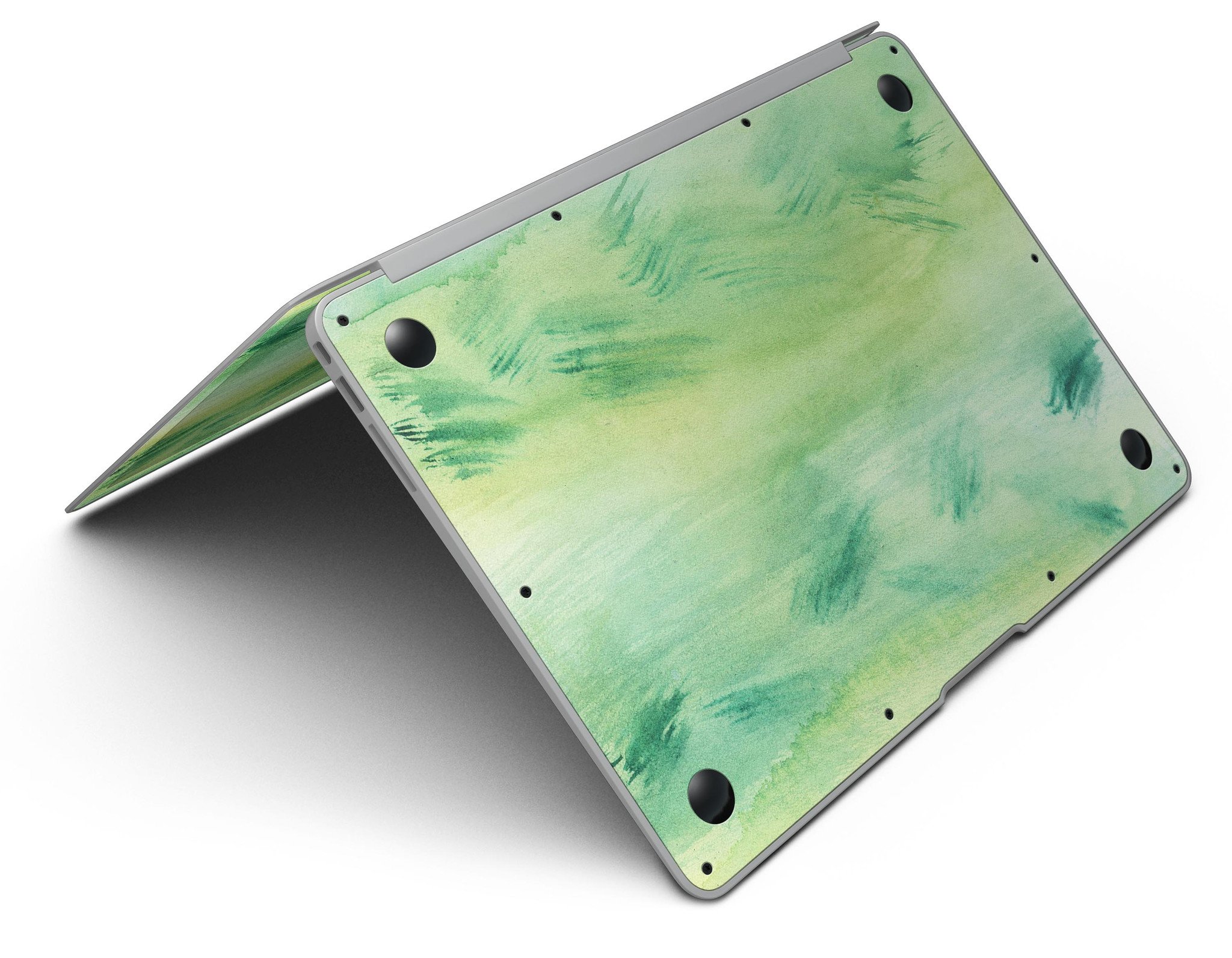 Green 321 Absorbed Watercolor Texture MacBook Air Skin Kit showcasing vibrant watercolor design on a sleek MacBook Air.