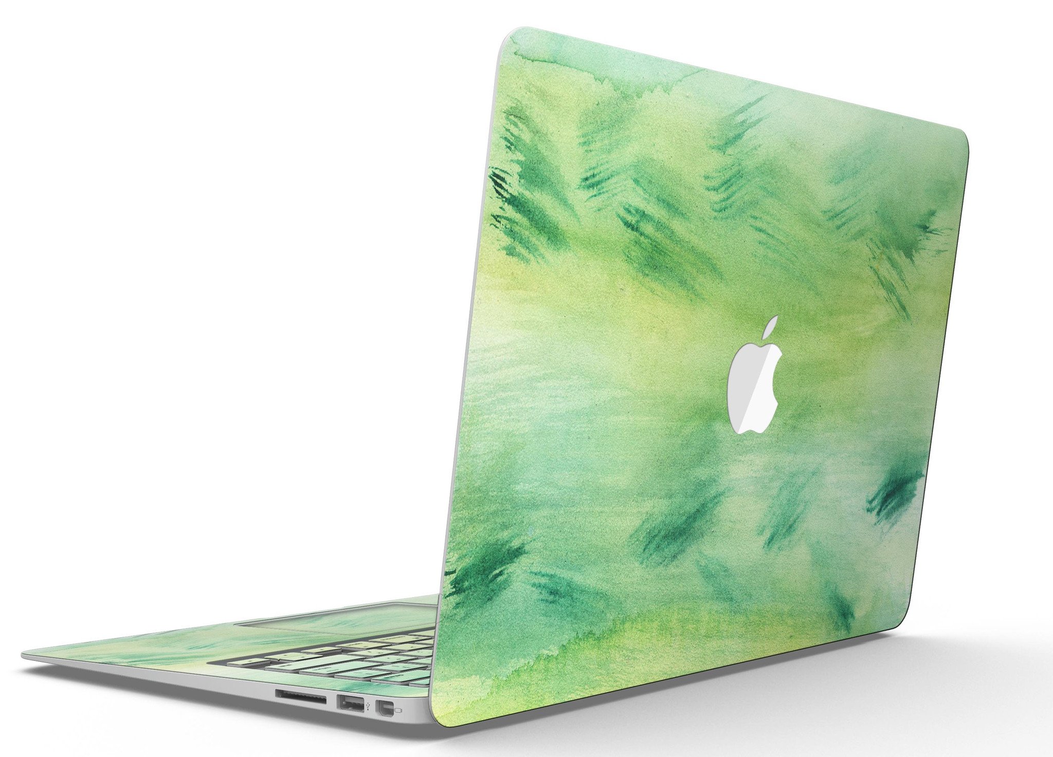 Green 321 Absorbed Watercolor Texture MacBook Air Skin Kit showcasing vibrant watercolor design on a sleek MacBook Air.