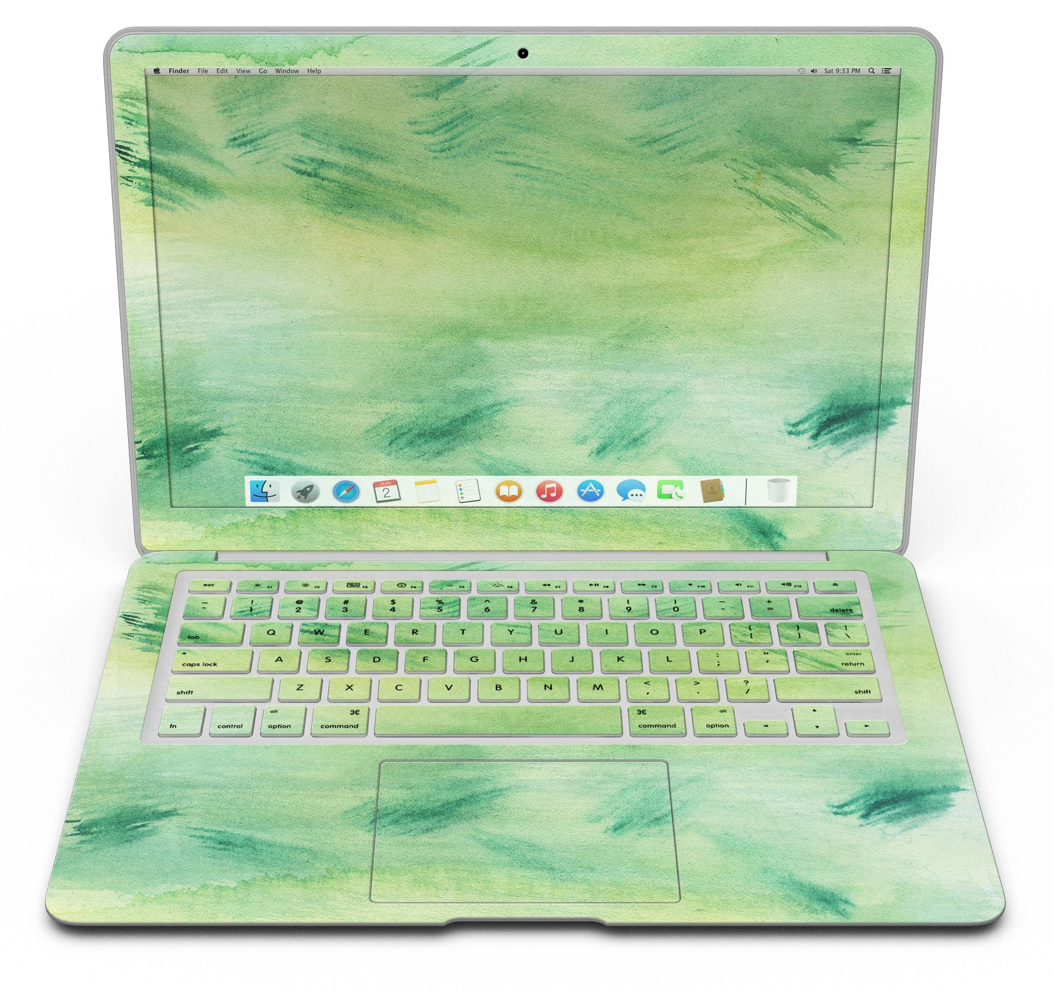 Green 321 Absorbed Watercolor Texture MacBook Air Skin Kit showcasing vibrant watercolor design on a sleek MacBook Air.