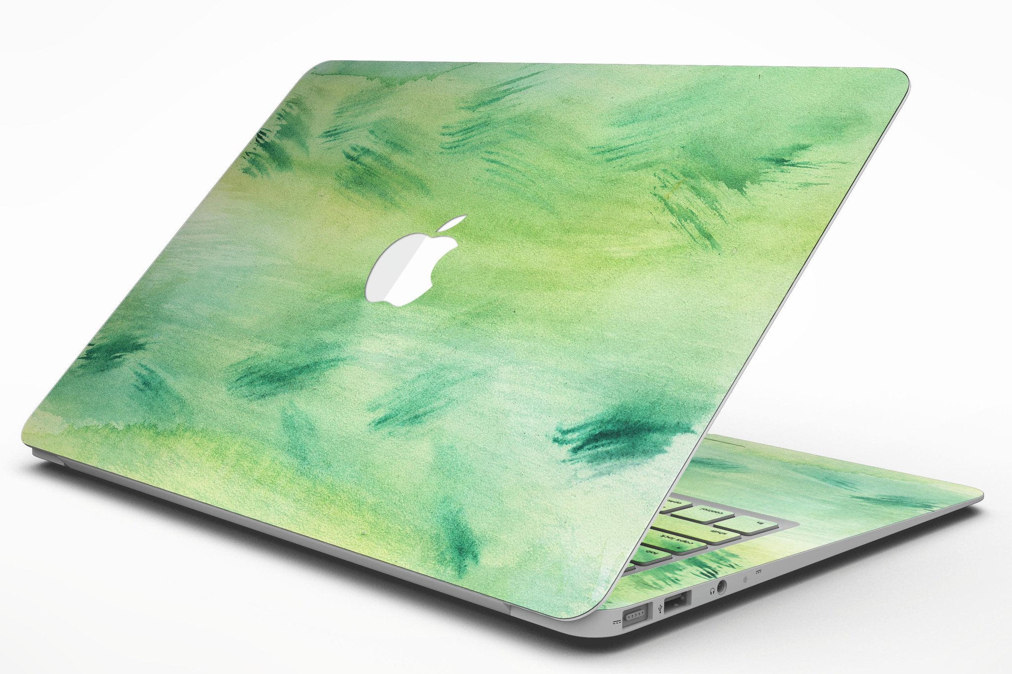 Green 321 Absorbed Watercolor Texture MacBook Air Skin Kit showcasing vibrant watercolor design on a sleek MacBook Air.