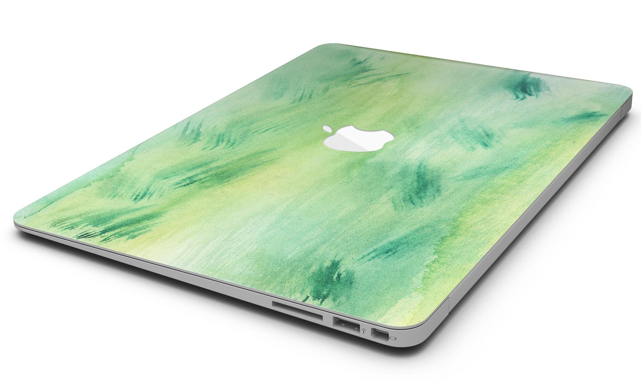 Green 321 Absorbed Watercolor Texture MacBook Air Skin Kit showcasing vibrant watercolor design on a sleek MacBook Air.