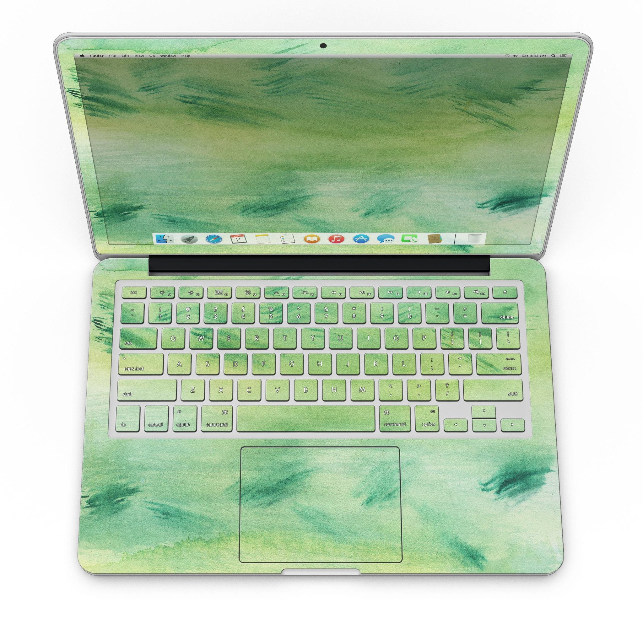 Green 321 Absorbed Watercolor Texture skin for MacBook Pro with Retina, showcasing vibrant colors and a sleek design.