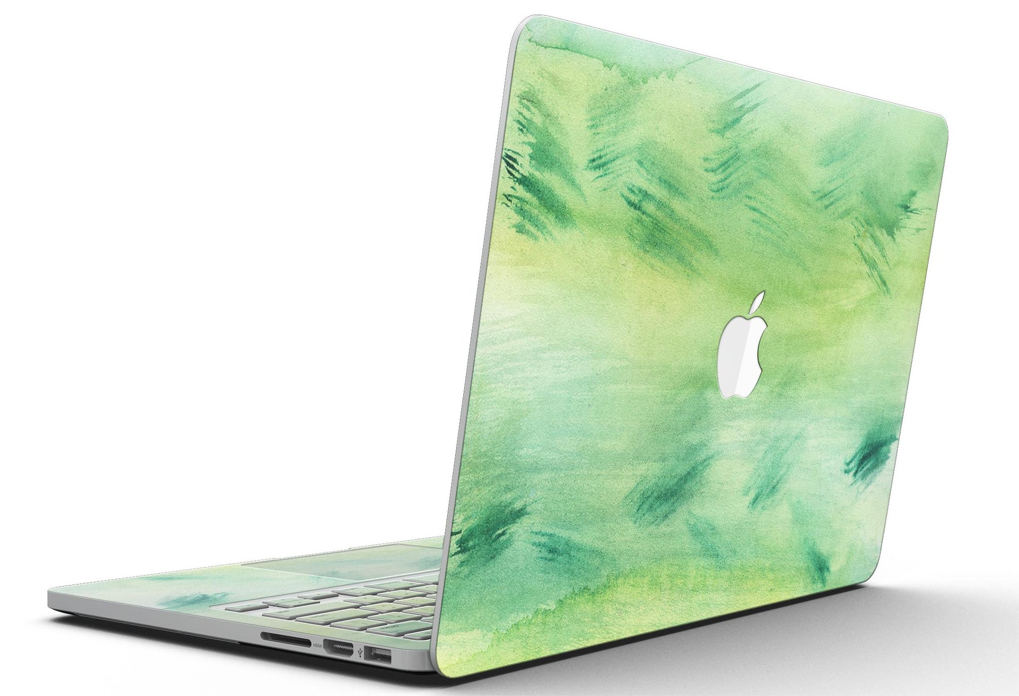 Green 321 Absorbed Watercolor Texture skin for MacBook Pro with Retina, showcasing vibrant colors and a sleek design.