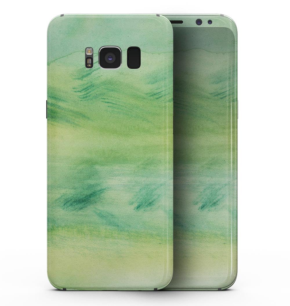 Samsung Galaxy S8 with Green 321 Absorbed Watercolor Texture skin, showcasing vibrant colors and a sleek design.