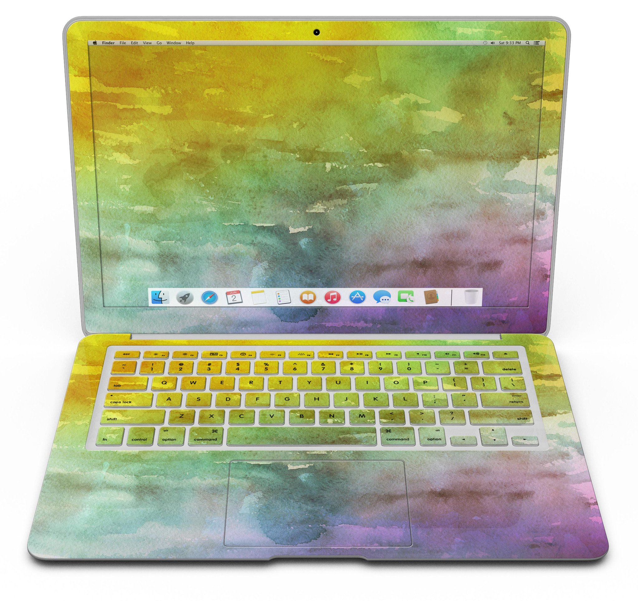 Green 592 Absorbed Watercolor Texture MacBook Air skin, showcasing vibrant colors and a sleek design.