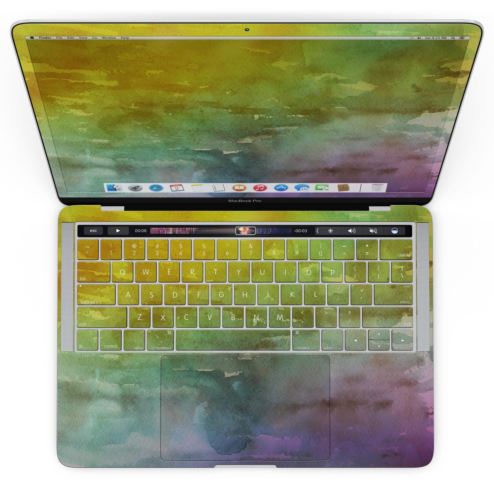 Green 592 Absorbed Watercolor Texture skin for MacBook Pro with Touch Bar, showcasing vibrant colors and artistic design.