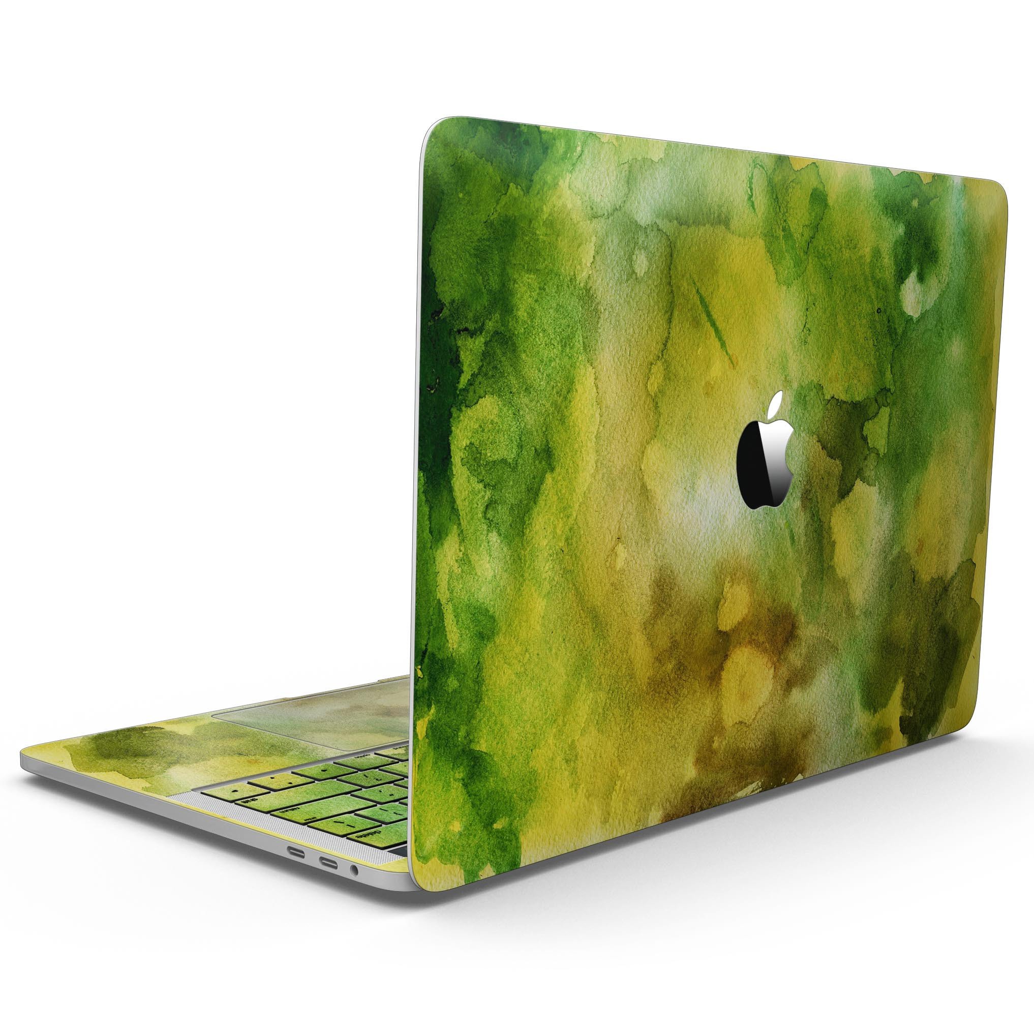 Green 863 Absorbed Watercolor Texture skin for 13" MacBook Pro without Touch Bar, showcasing vibrant colors and premium vinyl material.